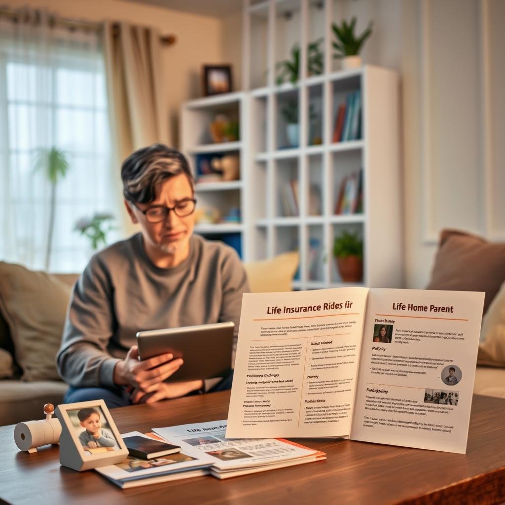 A cozy living room scene depicting a stay-at-home parent reviewing life insurance options on a tablet. In the foreground, the parent, dressed in modest casual clothing, appears focused and thoughtful, surrounded by family photos on the table. In the middle ground, a soft light filters through sheer curtains, illuminating documents and policy brochures about life insurance riders and additional coverage, showcasing affordability. The background reveals a well-organized bookshelf filled with children’s books and plants, creating a warm and inviting atmosphere. The overall mood is one of security and peace of mind, emphasized by warm colors and natural lighting, providing a sense of stable home life and protection for the family.