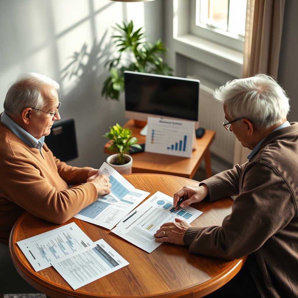A detailed and informative scene depicting elderly individuals engaged in comparing life insurance policies. In the foreground, two seniors—one male and one female—are seated at a round wooden table, looking at various brochures and documents spread out in front of them. They are dressed in smart, comfortable attire, conveying a sense of professionalism and seriousness. In the middle ground, a desktop computer displays comparison charts and graphs, while a potted plant adds a touch of warmth. The background features a well-lit office environment with light from a window casting soft shadows, creating a welcoming atmosphere for decision-making. The scene evokes a mood of careful consideration and trust, focusing on the important task of selecting the right life insurance plan.