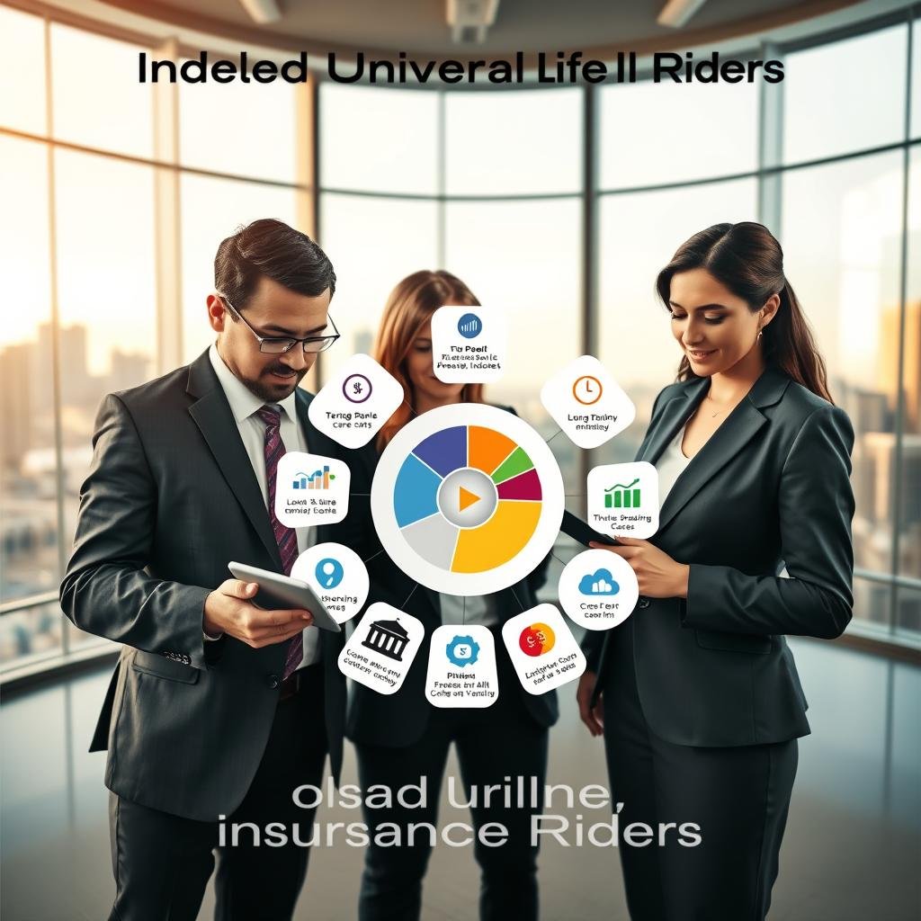 A detailed illustration focusing on Indexed Universal Life Insurance Riders. In the foreground, a diverse group of three business professionals, two men and one woman, dressed in sharp business attire, are engaged in a discussion, using a tablet to highlight insurance policy charts and graphs. The middle ground displays a large, visually appealing pie chart surrounded by infographic-style icons representing various riders, such as long-term care and income benefits. In the background, a modern office setting with large windows showcasing a city skyline, utilizing soft, natural lighting to create a warm and inviting atmosphere. The angle is slightly above eye level, capturing both the focused expressions of the professionals and the informative visuals, evoking a sense of clarity and professionalism. A detailed illustration focusing on Indexed Universal Life Insurance Riders. In the foreground, a diverse group of three business professionals, two men and one woman, dressed in sharp business attire, are engaged in a discussion, using a tablet to highlight insurance policy charts and graphs. The middle ground displays a large, visually appealing pie chart surrounded by infographic-style icons representing various riders, such as long-term care and income benefits. In the background, a modern office setting with large windows showcasing a city skyline, utilizing soft, natural lighting to create a warm and inviting atmosphere. The angle is slightly above eye level, capturing both the focused expressions of the professionals and the informative visuals, evoking a sense of clarity and professionalism.