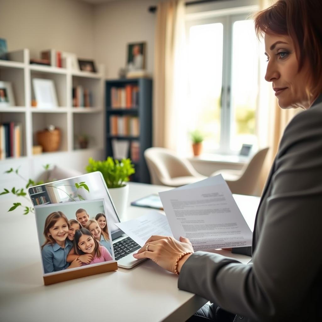 A focused view of a single parent, a middle-aged woman in professional business attire, sitting at a clean desk with a laptop open in front of her, reviewing her term life insurance policy documents. In the foreground, a photo of her smiling children is displayed on the desk, symbolizing her motivation for keeping her policy updated. The middle ground features a large window letting in soft, natural light, highlighting a potted plant nearby for a touch of warmth and life. The background shows a cozy, well-organized home office, with bookshelves and family photos. The mood is serene but purposeful, conveying a sense of dedication to family security and preparedness. The image is captured with a soft focus, evoking a professional yet nurturing atmosphere.