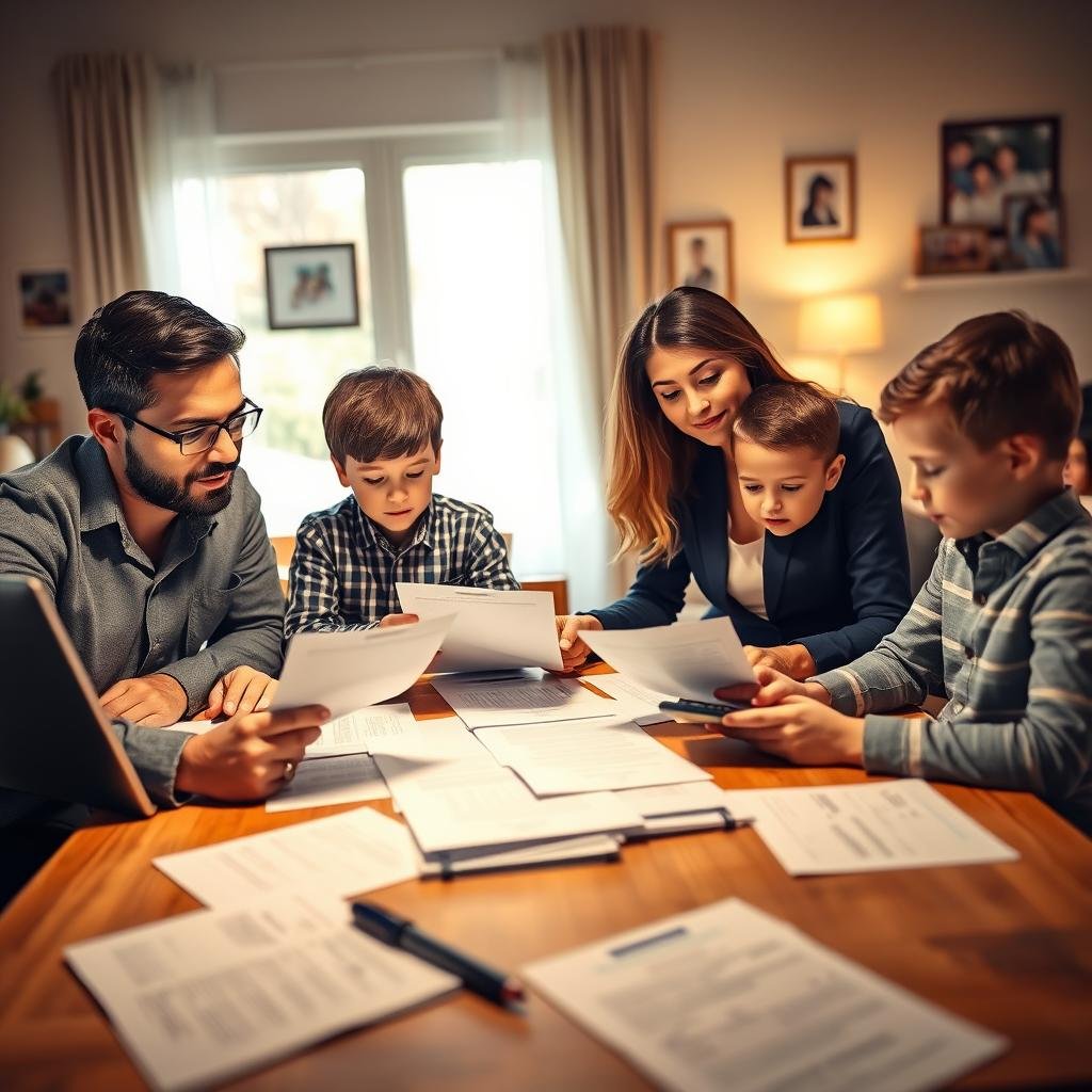 A modern family gathered around a dining table filled with documents and a laptop, symbolizing the management of life insurance policies. In the foreground, a father in a smart casual outfit is attentively explaining details to his partner, who is dressed in professional business attire, while their children, a boy and a girl, are engaged in the process by looking at forms and calculators. In the middle ground, a warm ambiance is illuminated by soft, natural light streaming through a window, creating a focused yet relaxed atmosphere. The background features family photos on the wall, emphasizing the importance of securing their future together. The composition should evoke a sense of collaboration and responsibility, with thoughtful expressions on the adults’ faces and a nurturing environment. A modern family gathered around a dining table filled with documents and a laptop, symbolizing the management of life insurance policies. In the foreground, a father in a smart casual outfit is attentively explaining details to his partner, who is dressed in professional business attire, while their children, a boy and a girl, are engaged in the process by looking at forms and calculators. In the middle ground, a warm ambiance is illuminated by soft, natural light streaming through a window, creating a focused yet relaxed atmosphere. The background features family photos on the wall, emphasizing the importance of securing their future together. The composition should evoke a sense of collaboration and responsibility, with thoughtful expressions on the adults’ faces and a nurturing environment.
