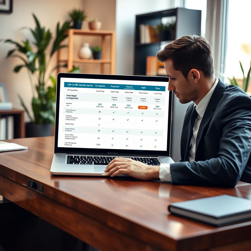A modern life insurance comparison website interface displayed on a sleek laptop, resting on a polished wooden desk. In the foreground, a professional-looking individual in business attire is intently analyzing various insurance quote options on the screen. The middle ground features the laptop's screen, showcasing a clear layout of side-by-side comparisons with graphs, charts, and price tags, highlighting the differences in policy features. The background includes a softly lit office environment with potted plants and a bookshelf, creating a calm and analytical atmosphere. The lighting is warm and inviting, emphasizing focus and clarity. The overall mood is professional and informative, suitable for users looking to reassess their life insurance needs effectively. A modern life insurance comparison website interface displayed on a sleek laptop, resting on a polished wooden desk. In the foreground, a professional-looking individual in business attire is intently analyzing various insurance quote options on the screen. The middle ground features the laptop's screen, showcasing a clear layout of side-by-side comparisons with graphs, charts, and price tags, highlighting the differences in policy features. The background includes a softly lit office environment with potted plants and a bookshelf, creating a calm and analytical atmosphere. The lighting is warm and inviting, emphasizing focus and clarity. The overall mood is professional and informative, suitable for users looking to reassess their life insurance needs effectively.