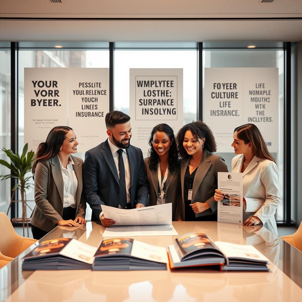 A modern office environment showcasing an employee life insurance benefits package. In the foreground, a diverse group of three professionals in smart business attire are engaged in a discussion over a large document detailing the benefits, with smiles on their faces. The middle ground features an elegant conference table adorned with sleek brochures and informational materials about life insurance. Large windows in the background allow natural light to flood the room, illuminating motivational posters emphasizing workplace culture and employee well-being. The overall atmosphere is collaborative and positive, highlighting the importance of life insurance in fostering a supportive work environment. Soft, warm lighting creates an inviting and inclusive mood, enhancing the sense of community and teamwork.