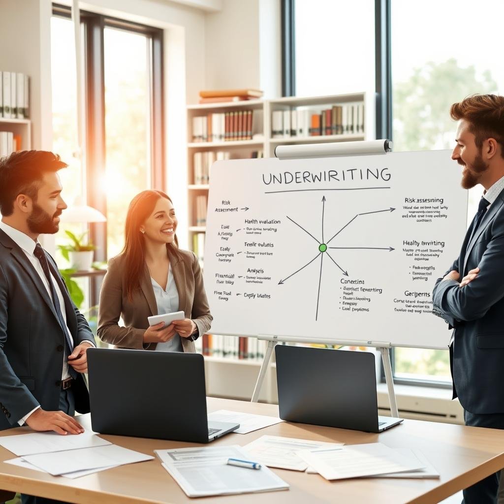 A modern office setting illustrating the underwriting process for life insurance. In the foreground, a diverse group of three professionals—two men and one woman—dressed in smart business attire, are engaged in a discussion around a table covered with policy documents and a laptop. The middle ground features a large whiteboard displaying key concepts of underwriting, such as risk assessment, health evaluation, and financial analysis. The background shows shelves filled with reference books related to insurance and financial planning. Soft natural light streams in through large windows, casting a warm and inviting atmosphere. The image captures a focused yet collaborative mood, reflecting the detailed and important nature of the underwriting process in the insurance industry.