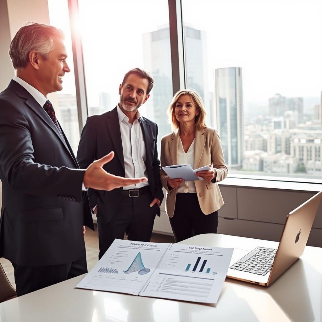A modern office setting with a professional advisor discussing a guaranteed universal life insurance policy with a middle-aged couple. In the foreground, the advisor, dressed in a sharp business suit, gestures towards an open document with a graphical representation of policy benefits. The couple, dressed in business casual attire, appears engaged and are taking notes. In the middle ground, a sleek desk with a laptop and financial documents adds context. The background features a large window showing a bright, sunny cityscape, creating an uplifting atmosphere. Soft, natural lighting floods the room, giving it a warm and inviting feel. The camera angle captures the advisor’s confident demeanor while emphasizing the couple’s thoughtful expressions.