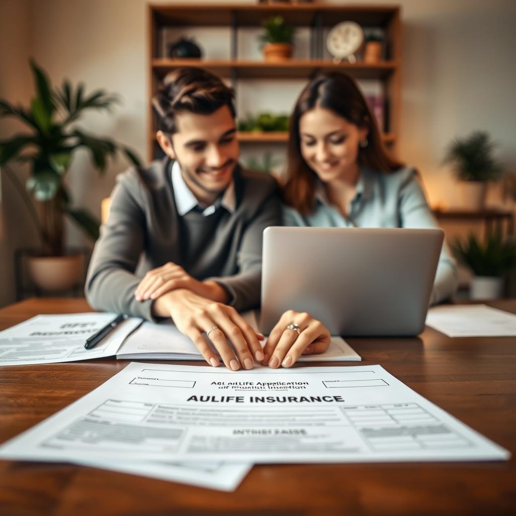 A newlywed couple sitting at a elegantly organized dining table, filled with papers and a laptop, engaged in filling out a life insurance application. The foreground features a close-up of their hands on the documents, showcasing their wedding bands. In the middle, the couple looks focused and collaborative, dressed in smart casual clothing, with warm, inviting lighting that enhances the cozy atmosphere. The background displays soft-focus elements of a home office, with potted plants and a bookshelf to imply stability and security. The scene is framed from a slightly elevated angle, creating an intimate and professional vibe, symbolizing the importance of planning for their future together. A newlywed couple sitting at a elegantly organized dining table, filled with papers and a laptop, engaged in filling out a life insurance application. The foreground features a close-up of their hands on the documents, showcasing their wedding bands. In the middle, the couple looks focused and collaborative, dressed in smart casual clothing, with warm, inviting lighting that enhances the cozy atmosphere. The background displays soft-focus elements of a home office, with potted plants and a bookshelf to imply stability and security. The scene is framed from a slightly elevated angle, creating an intimate and professional vibe, symbolizing the importance of planning for their future together.