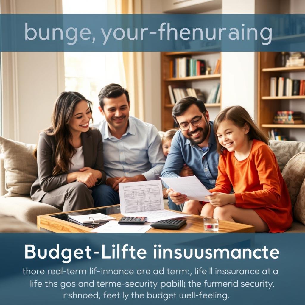 A peaceful family scene in a cozy living room, reflecting the concept of "budget-friendly life insurance." In the foreground, a diverse family of four—parents with their two children—are gathered around a small coffee table filled with simple financial documents and a calculator, dressed in professional business attire. The middle ground features a warm and inviting atmosphere, with soft lighting coming from a nearby window, casting gentle shadows. In the background, shelves lined with books about finance and life may signify knowledge and security. The mood is hopeful and reassuring, emphasizing the real-life benefits of term life insurance as a vital step toward family security and future planning. The image should feel relatable, trustworthy, and uplifting, promoting the feeling of safety and financial well-being.