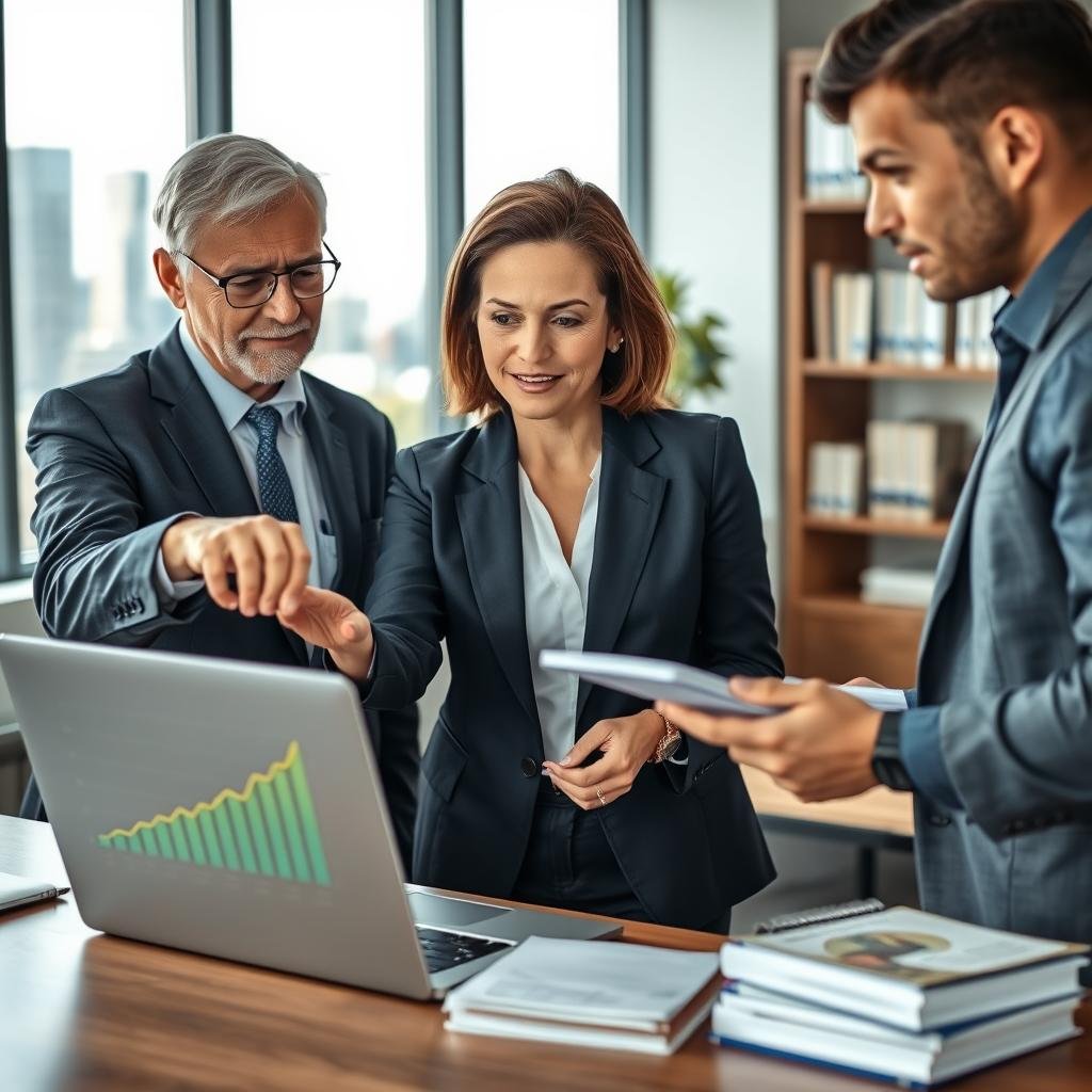 A professional business setting featuring a diverse group of three individuals discussing decreasing term life insurance options. In the foreground, a middle-aged woman in a sharp business suit is pointing at a chart on a laptop screen that shows decreasing coverage costs over time. Beside her, a young man in smart casual attire nods in agreement, holding a notepad. In the background, a modern office with large windows displays a city skyline, and soft natural light floods the room. The atmosphere is focused and collaborative, conveying trust and professionalism. A blurred bookshelf filled with financial literature adds depth to the scene. The composition should be shot from a slightly elevated angle to capture the dynamics of the discussion.