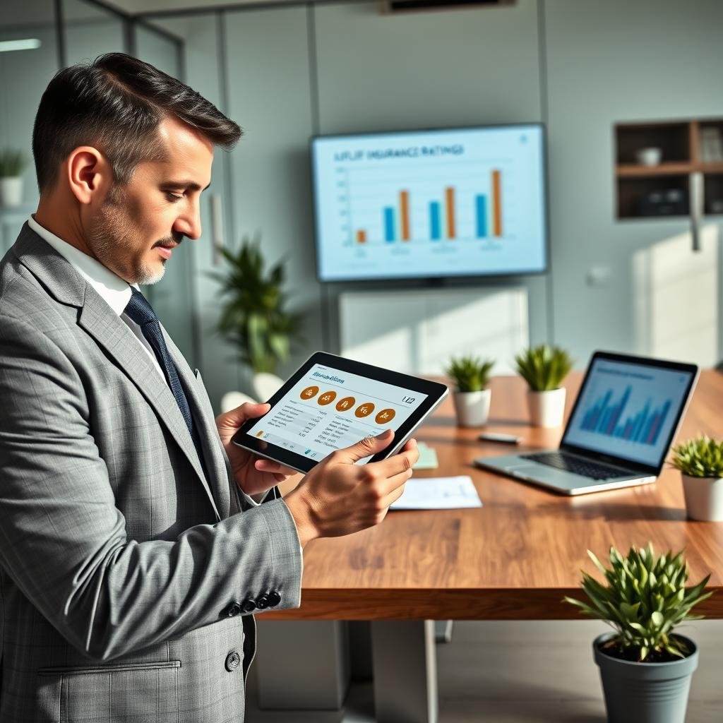 A professional business setting focused on financial strength ratings for life insurance providers. In the foreground, a confident financial advisor in a tailored suit, examining a tablet displaying charts and rating symbols like stars or shields. In the middle ground, a sleek wooden desk organized with important documents, a laptop showing financial graphs, and a few potted plants adding a touch of life. In the background, a modern office with glass walls, bright natural lighting illuminating the space, and a wall-mounted screen featuring comparison graphs of different life insurance providers. The mood is one of professionalism, trust, and clarity, conveying a sense of security and expertise in financial decision-making.