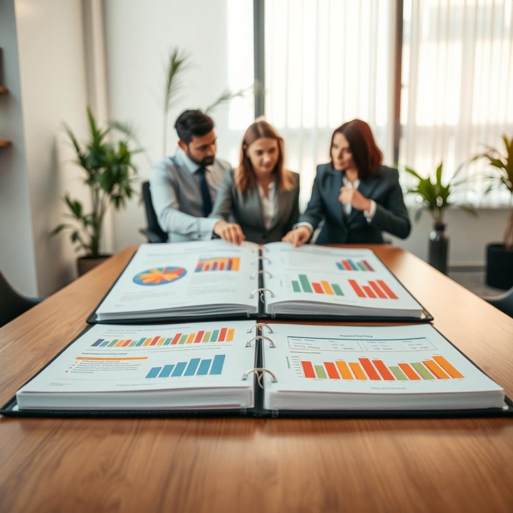 A professional business setting showcasing a detailed comparison of cash value life insurance versus various investment alternatives. In the foreground, a sleek, modern wooden table displays two large, open binders filled with colorful graphs and charts depicting insurance policies and investment returns. In the middle ground, a diverse group of three professionals in business attire—two men and one woman—are engaged in a serious discussion, pointing at the visuals on the table. The background features a large window with natural light streaming in, illuminating the room with a warm, inviting glow. Subtle plants add a touch of greenery. The overall atmosphere conveys a balanced, analytical mood, emphasizing the importance of informed financial decisions.