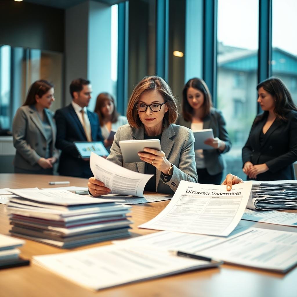 A professional business setting, showcasing a diverse group of insurance underwriters engaged in discussion around a large conference table, with stacks of documents and reports about life insurance policies. In the foreground, focus on a middle-aged woman in a smart blazer, reviewing a detailed disclosure form, her expression intent and serious. In the middle, several colleagues are exchanging ideas, one holding a tablet displaying graphs and statistics, while others take notes. The background features a large window with natural light streaming in, illuminating the office space with a warm glow. The atmosphere is focused and collaborative, emphasizing the importance of honest communication and transparency in the underwriting process. Use a slight depth of field to blur the background for emphasis.