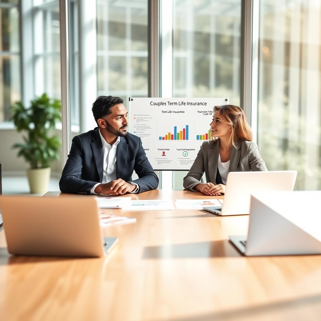 A professional couple in a modern office setting, discussing term life insurance options. The foreground features a diverse couple, both dressed in smart business attire, sitting at a sleek conference table with laptops and brochures spread out. In the middle, a clear and organized presentation board displays charts and graphs illustrating the benefits of couples term life insurance. The background shows large windows with sunlight streaming in, providing a bright and optimistic atmosphere. Use soft lighting to create a warm ambience, with a focus on the couple engaged in a thoughtful conversation. Capture the mood of financial security and trust, emphasizing the importance of planning for the future together.