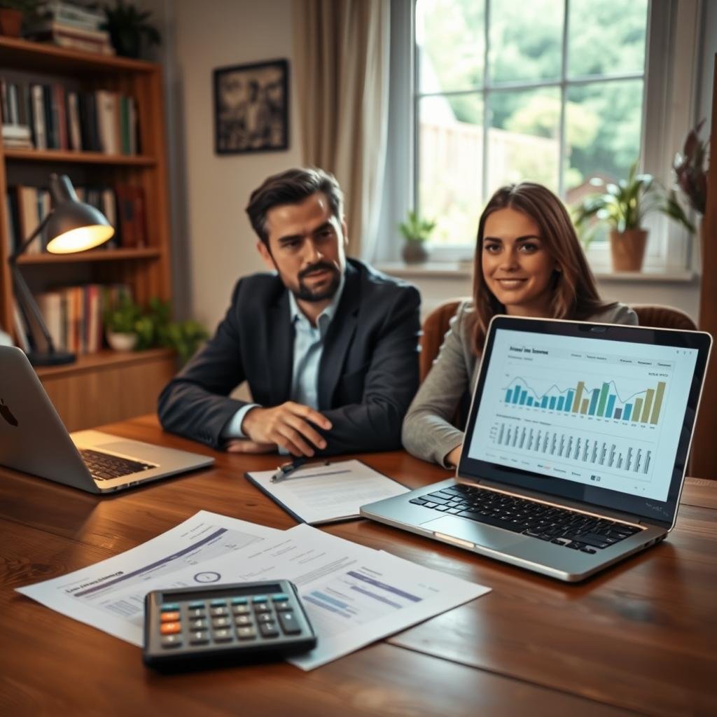 A professional couple seated at a wooden table, engaged in a serious discussion while calculating their life insurance needs. The foreground features a close-up of a calculator, insurance documents, and a laptop displaying financial graphs. In the middle ground, the couple, a man and woman in business attire, appear focused and collaborative, with expressions of determination. The background shows a cozy home office with warm lighting from a desk lamp, shelves filled with books, and a window revealing a serene garden view. The mood is thoughtful and responsible, aimed at illustrating the importance of securing their loved ones' futures through proper coverage calculations. A professional couple seated at a wooden table, engaged in a serious discussion while calculating their life insurance needs. The foreground features a close-up of a calculator, insurance documents, and a laptop displaying financial graphs. In the middle ground, the couple, a man and woman in business attire, appear focused and collaborative, with expressions of determination. The background shows a cozy home office with warm lighting from a desk lamp, shelves filled with books, and a window revealing a serene garden view. The mood is thoughtful and responsible, aimed at illustrating the importance of securing their loved ones' futures through proper coverage calculations.