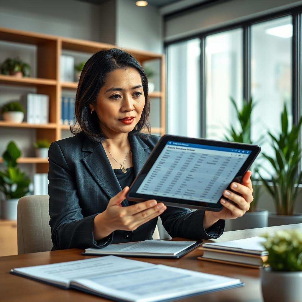 A professional financial advisor analyzing a digital tablet displaying various universal life insurance quotes, situated in a modern office setting. In the foreground, the advisor, a middle-aged Asian woman in a smart business suit, has her gaze focused on the tablet with an engaged expression. In the middle background, shelves lined with financial books and plants add a touch of warmth to the office space. The background features a large window with soft, natural light illuminating the scene, casting gentle shadows. The overall mood is one of professionalism and trust, with an emphasis on financial security and long-term planning. Use a wide-angle lens to capture the entire scene and create depth. Ensure the atmosphere feels calm and inviting, reflecting the serious yet approachable nature of financial discussions about tax implications of coverage.