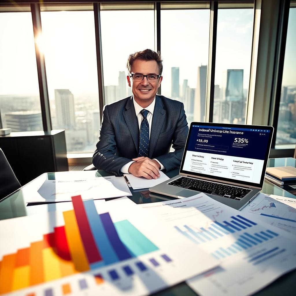 A professional financial advisor, dressed in business attire, is seated at a modern desk surrounded by charts and documents related to Indexed Universal Life Insurance. In the foreground, there are colorful graphs displaying financial growth and security options. The middle ground features a large, sleek laptop open to a website that illustrates the benefits of Indexed Universal Life Insurance plans. In the background, a bright, well-lit office with large windows shows a city skyline, radiating optimistic sunlight. The atmosphere is reassuring and informative, evoking a sense of trust and professionalism. Use soft, natural lighting and a slightly elevated angle to emphasize the advisor's engagement with the viewer. A professional financial advisor, dressed in business attire, is seated at a modern desk surrounded by charts and documents related to Indexed Universal Life Insurance. In the foreground, there are colorful graphs displaying financial growth and security options. The middle ground features a large, sleek laptop open to a website that illustrates the benefits of Indexed Universal Life Insurance plans. In the background, a bright, well-lit office with large windows shows a city skyline, radiating optimistic sunlight. The atmosphere is reassuring and informative, evoking a sense of trust and professionalism. Use soft, natural lighting and a slightly elevated angle to emphasize the advisor's engagement with the viewer.