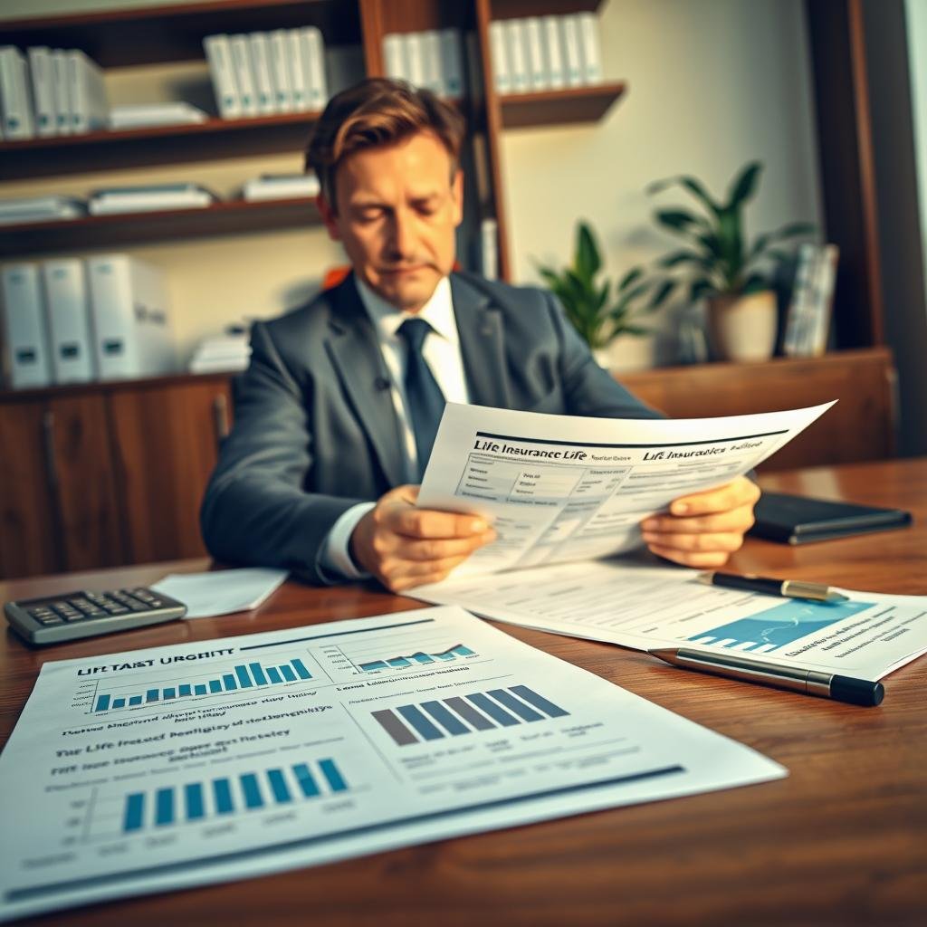 A professional financial advisor in business attire sits at a sleek wooden desk, reviewing paperwork related to life insurance and tax planning. The foreground features a close-up of detailed graphs and charts showing potential tax benefits of life insurance policies, with a calculator and a pen nearby. In the middle, soft office lighting illuminates the advisor's focused expression as they concentrate on the documents. The background shows shelves filled with financial books and a potted plant, conveying a sense of professionalism and future readiness. The overall mood is optimistic and analytic, reflecting the importance of navigating life insurance in light of evolving tax regulations. The angle captures both the advisor and the paperwork, creating an engaging and informative composition.