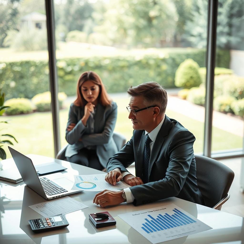 A professional financial advisor seated at a modern desk, reviewing documents related to life insurance policies for estate planning. The foreground features a neatly organized workspace with a laptop, a calculator, and charts reflecting financial projections. In the middle ground, a thoughtful client, dressed in professional attire, looks on attentively, assessing the information. In the background, a large window offers a view of a serene garden, suggesting tranquility and long-term security. Soft, natural light filters through, creating a warm atmosphere that conveys trust and assurance. The overall mood is calm and focused, reflecting the importance of making informed decisions about life insurance needs in estate planning.
