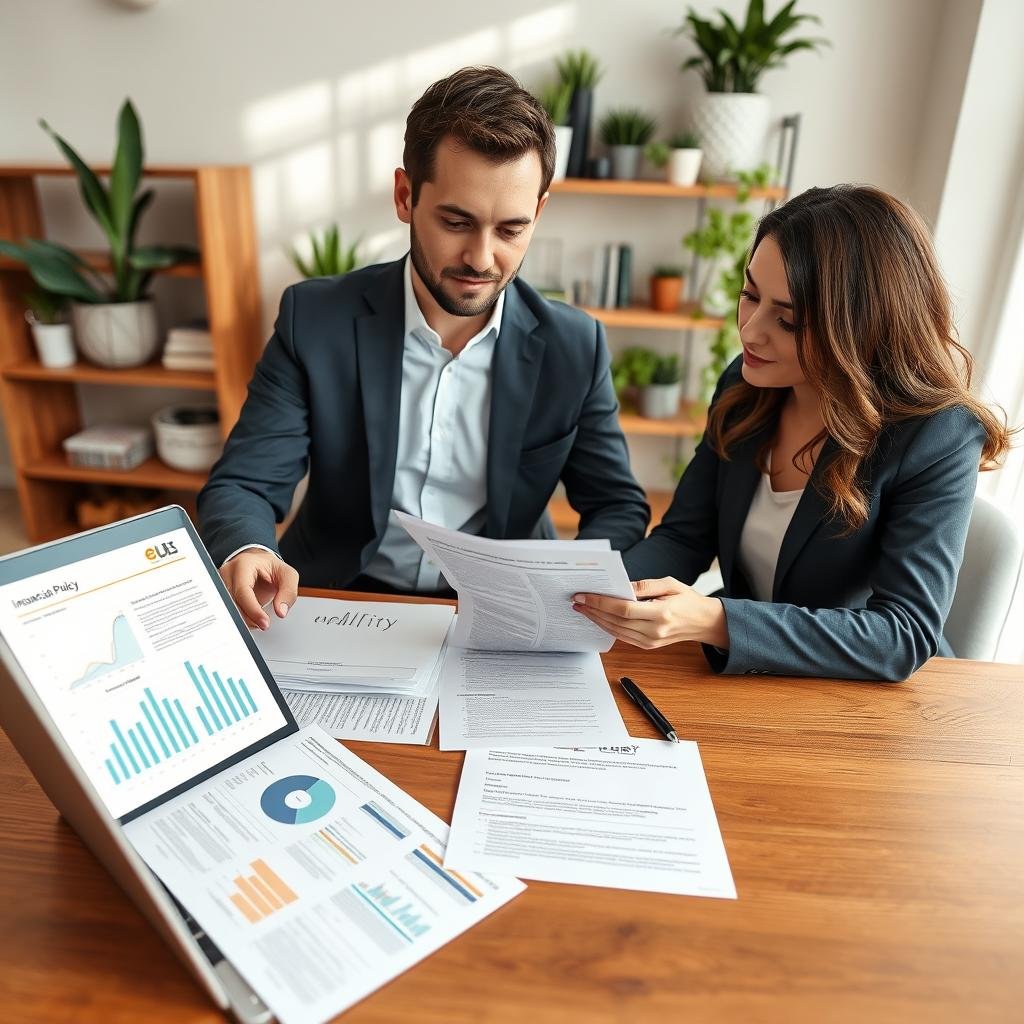 A professional financial advisor sits at a polished wooden desk, engaging with a newlywed couple dressed in smart business attire. The couple appears focused and interested as they examine a detailed insurance policy document together. In the foreground, an open laptop displays graphs and pie charts related to life insurance options. The middle of the scene features a variety of paperwork, including policy summaries and visual aids, symbolizing navigating exclusions and limitations. In the background, a shelf is filled with financial books and plants, adding a warm and inviting atmosphere. Soft, natural lighting floods the room, casting gentle shadows and creating a comfortable mood that reflects a serious yet hopeful discussion about their future together. The camera angle is slightly elevated, capturing the earnest expressions of the couple and the advisor. A professional financial advisor sits at a polished wooden desk, engaging with a newlywed couple dressed in smart business attire. The couple appears focused and interested as they examine a detailed insurance policy document together. In the foreground, an open laptop displays graphs and pie charts related to life insurance options. The middle of the scene features a variety of paperwork, including policy summaries and visual aids, symbolizing navigating exclusions and limitations. In the background, a shelf is filled with financial books and plants, adding a warm and inviting atmosphere. Soft, natural lighting floods the room, casting gentle shadows and creating a comfortable mood that reflects a serious yet hopeful discussion about their future together. The camera angle is slightly elevated, capturing the earnest expressions of the couple and the advisor.