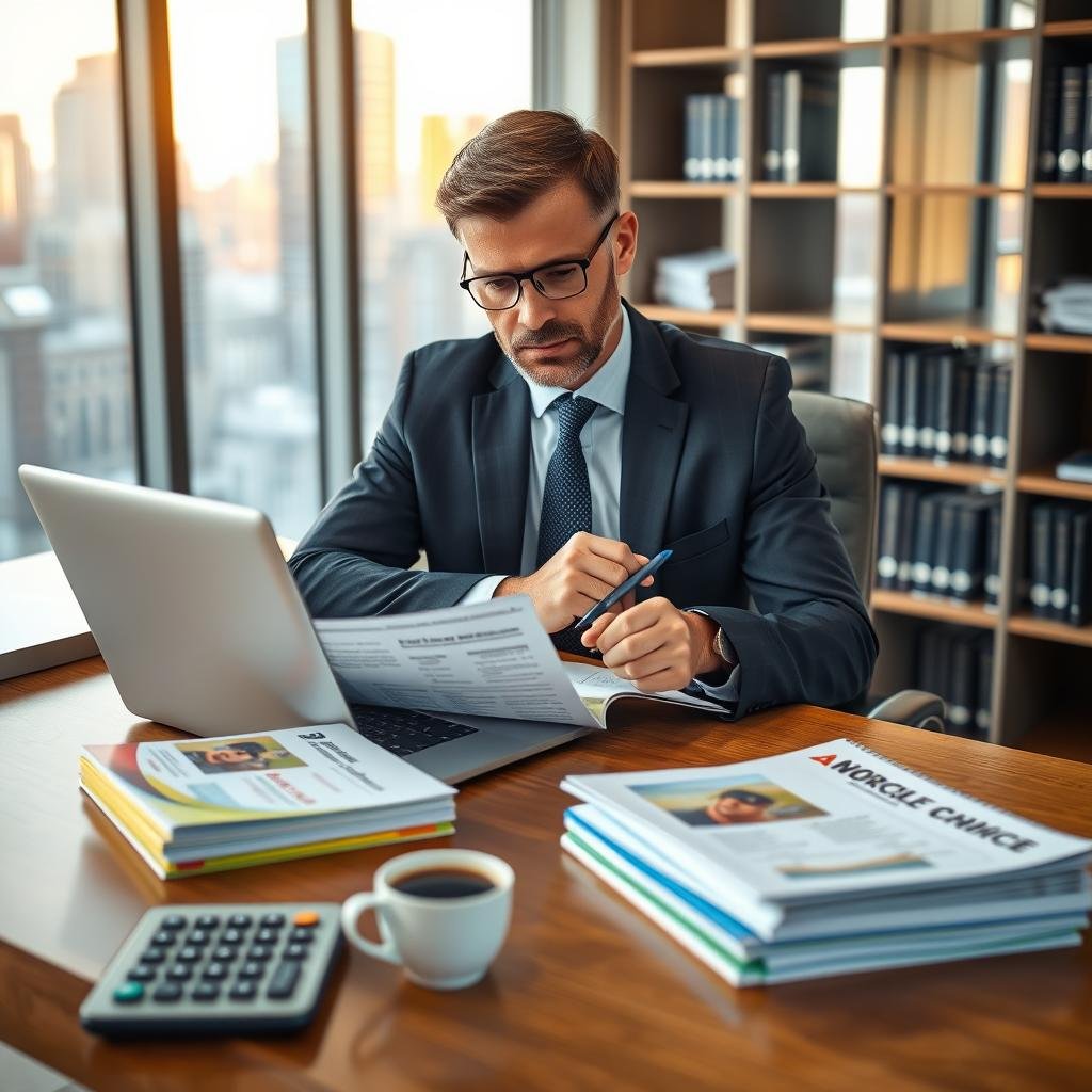 A professional financial advisor, wearing a tailored suit, sits at a sleek wooden desk, analyzing various whole life insurance quotes on a laptop. The foreground features a neatly arranged stack of colorful insurance brochures and a calculator beside a steaming cup of coffee. In the middle, the advisor is engaged in thoughtful consideration, with a focused expression and a pen poised above a notepad filled with notes. The background reveals a well-lit office space with shelves containing books on finance and insurance, as well as a large window showcasing a cityscape bathed in warm, golden sunlight, accentuating a sense of professionalism and trust. The atmosphere is calm and inviting, conveying the importance of informed financial decisions.