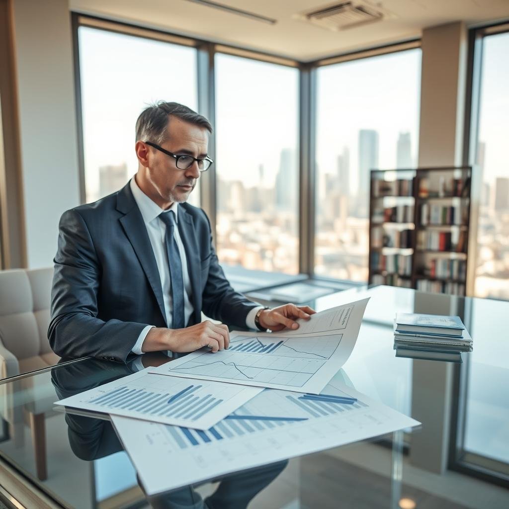 A professional, informative scene depicting the concept of decreasing term life insurance tax implications. In the foreground, a thoughtful financial advisor dressed in a smart suit analyzes documents on a sleek glass table, showcasing graphs with declining lines and percentages for decreasing value. In the middle ground, a modern office setting with large windows allowing natural light to pour in, illuminating the space with a warm ambiance. A softly focused bookshelf filled with finance and insurance books adds context. In the background, a city skyline is subtly visible through the window, symbolizing financial stability. The overall mood is serious yet optimistic, conveying clarity and professionalism in financial planning.