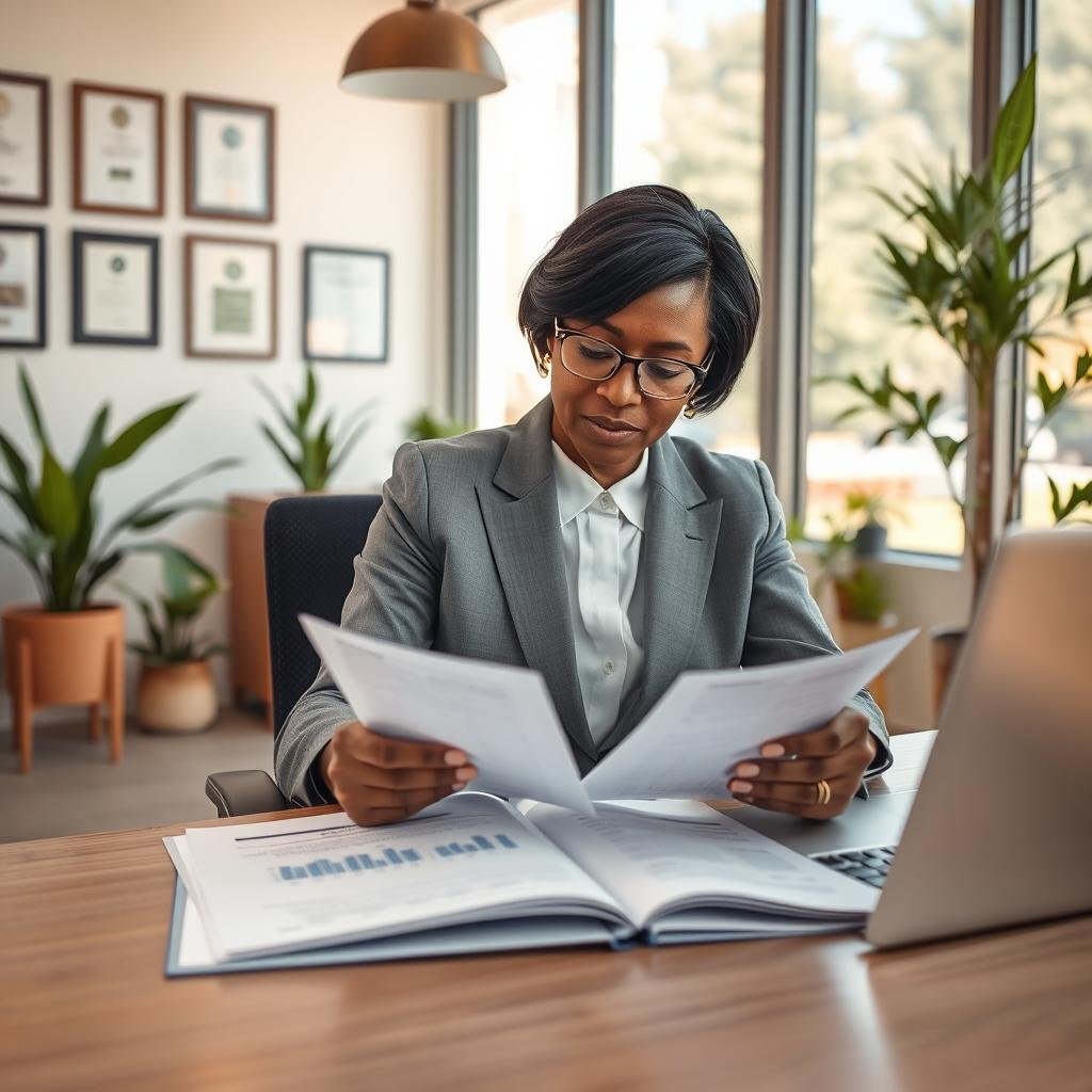 A professional insurance agent, a middle-aged Black woman in a tailored suit, is seated at a modern office desk, reviewing documents under soft, natural lighting. In the foreground, an open notebook and a laptop display charts and figures related to life insurance coverage. The middle ground features a warm, inviting office environment, adorned with plants and framed certificates on the wall, conveying trust and professionalism. In the background, large windows reveal a sunny day outside, adding to the comforting atmosphere. The mood is focused and collaborative, emphasizing the importance of discussing life insurance options with a knowledgeable advisor. A wide-angle perspective captures the sense of an engaging consultation, showcasing a productive interaction dedicated to finding the right coverage.