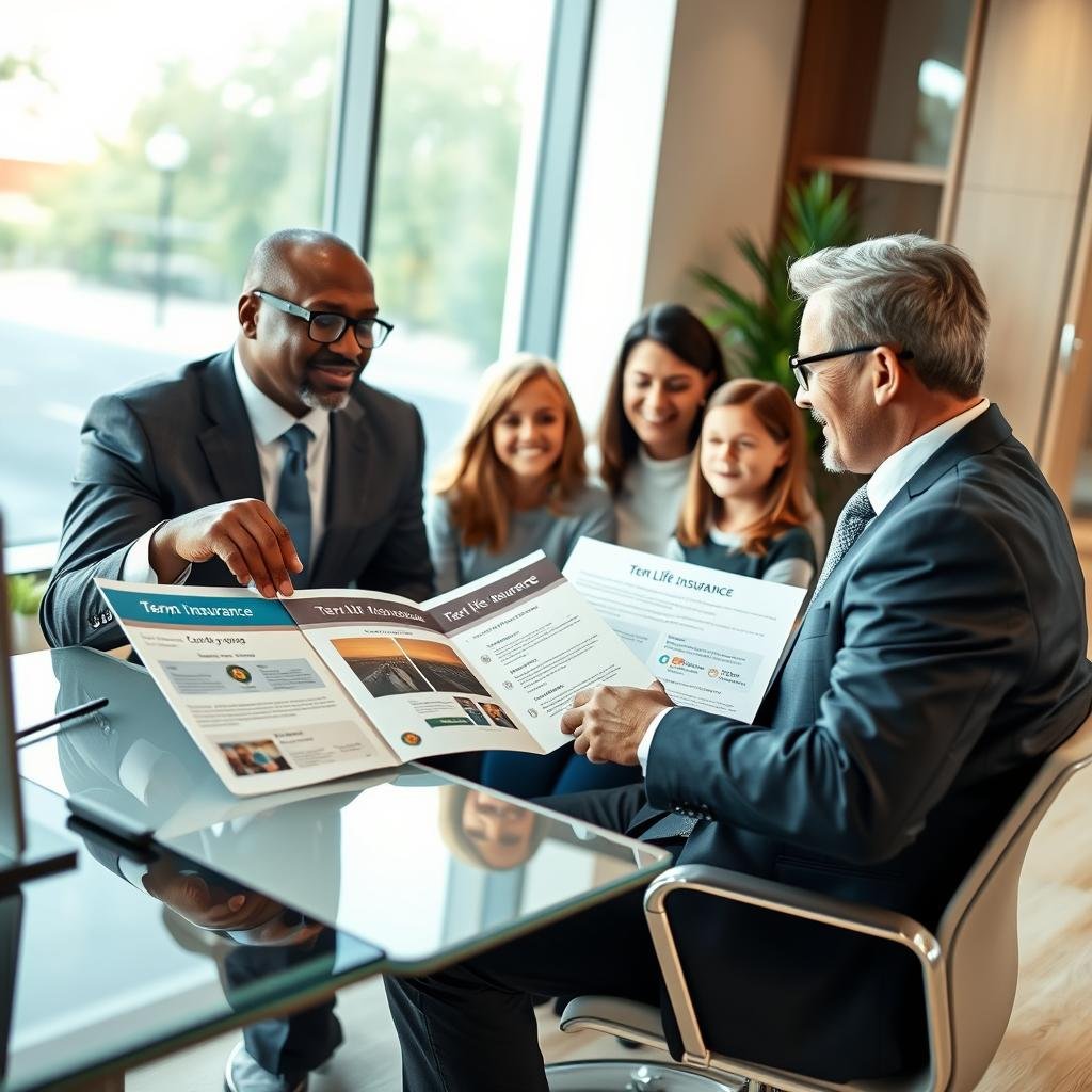 A professional insurance agent in a smart business suit, sitting at a sleek modern desk, discussing term life insurance options with a family. The agent, a middle-aged Black man with glasses, gestures towards a well-organized brochure displaying reputable insurance providers. In the background, a large window allows soft, natural light to illuminate the office space, enhancing a warm and inviting atmosphere. The family, a Caucasian woman and her husband, with two children, appear engaged and reassured, embodying trust and optimism. The camera angle is slightly elevated, focusing on the interplay of expressions and the welcoming ambiance of the office. The mood conveys professionalism, reliability, and comfort in making informed decisions about family insurance needs. A professional insurance agent in a smart business suit, sitting at a sleek modern desk, discussing term life insurance options with a family. The agent, a middle-aged Black man with glasses, gestures towards a well-organized brochure displaying reputable insurance providers. In the background, a large window allows soft, natural light to illuminate the office space, enhancing a warm and inviting atmosphere. The family, a Caucasian woman and her husband, with two children, appear engaged and reassured, embodying trust and optimism. The camera angle is slightly elevated, focusing on the interplay of expressions and the welcoming ambiance of the office. The mood conveys professionalism, reliability, and comfort in making informed decisions about family insurance needs.