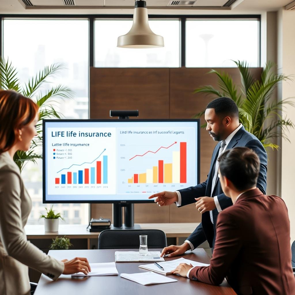 A professional meeting room filled with diverse business owners discussing life insurance strategies, emphasizing successful implementations. In the foreground, a group of three individuals in business attire—one woman and two men—are engaged in conversation, pointing at documents and charts on a table. The middle ground features a large screen displaying positive graphs and statistics on life insurance, symbolizing growth and security. In the background, elegant office decor with plants, city skyline visible through large windows, and soft natural light creating a warm atmosphere. The image conveys a sense of collaboration, success, and financial planning, inviting viewers to consider the importance of protecting their legacy through life insurance. A professional meeting room filled with diverse business owners discussing life insurance strategies, emphasizing successful implementations. In the foreground, a group of three individuals in business attire—one woman and two men—are engaged in conversation, pointing at documents and charts on a table. The middle ground features a large screen displaying positive graphs and statistics on life insurance, symbolizing growth and security. In the background, elegant office decor with plants, city skyline visible through large windows, and soft natural light creating a warm atmosphere. The image conveys a sense of collaboration, success, and financial planning, inviting viewers to consider the importance of protecting their legacy through life insurance.