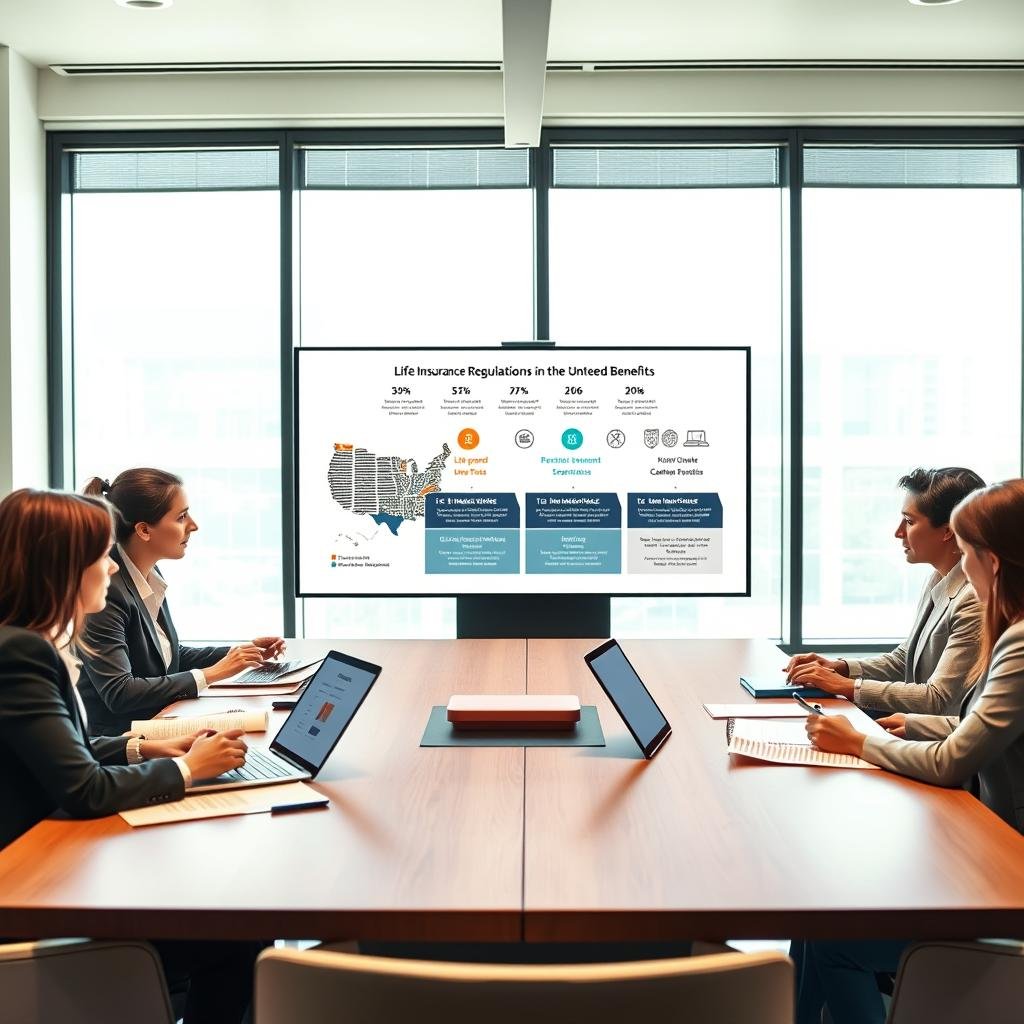 A professional office environment displaying the concept of group life insurance benefits. In the foreground, a diverse group of business professionals, dressed in smart business attire, are engaged in a thoughtful discussion around a large conference table. They are referencing documents, charts, and a laptop that displays life insurance policy information. In the middle ground, a prominent infographic illustrating life insurance regulations in the United States, showcasing key statistics and benefits, is positioned on a digital presentation screen. In the background, large windows let in natural light, creating a warm and inviting atmosphere. The overall mood conveys camaraderie and collaboration, highlighting the importance of life insurance in the workplace. The angle captures a dynamic view of both the human interaction and the informative visual elements in the space, ensuring clarity and professionalism.