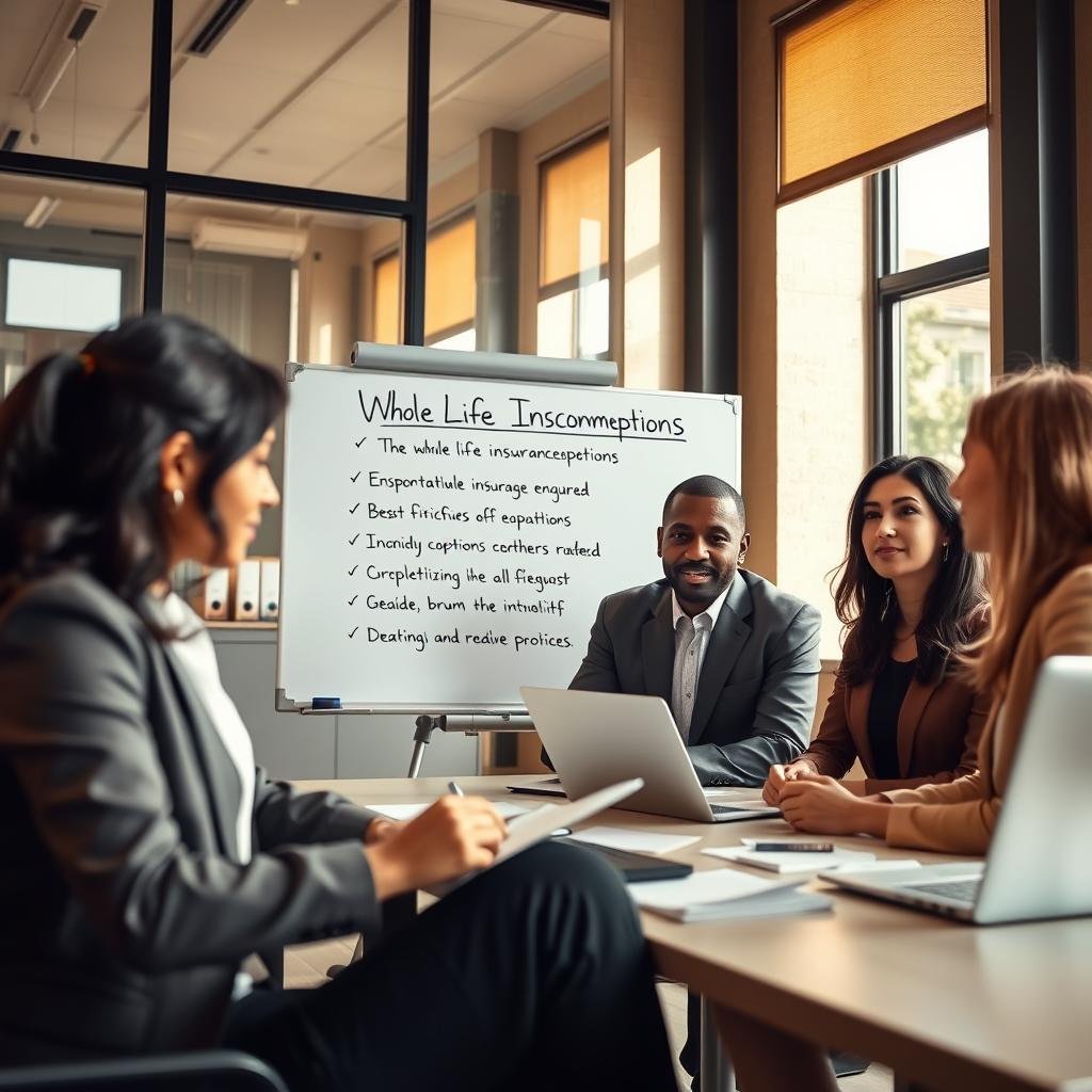 A professional office environment with a warm and inviting atmosphere. In the foreground, a diverse group of three individuals in business attire: a young woman of Hispanic descent, a middle-aged African American man, and a Caucasian woman, are sitting around a table with papers and a laptop, engaged in a discussion about whole life insurance policies. The middle scene shows a whiteboard with key points about whole life insurance misconceptions sketched out. In the background, large windows allow natural light to flood in, casting soft shadows. The mood is collaborative and educational, conveying a sense of trust and clarity in financial planning. The angle captures both the participants and the informative elements, promoting the theme of transparency in affordable insurance options.