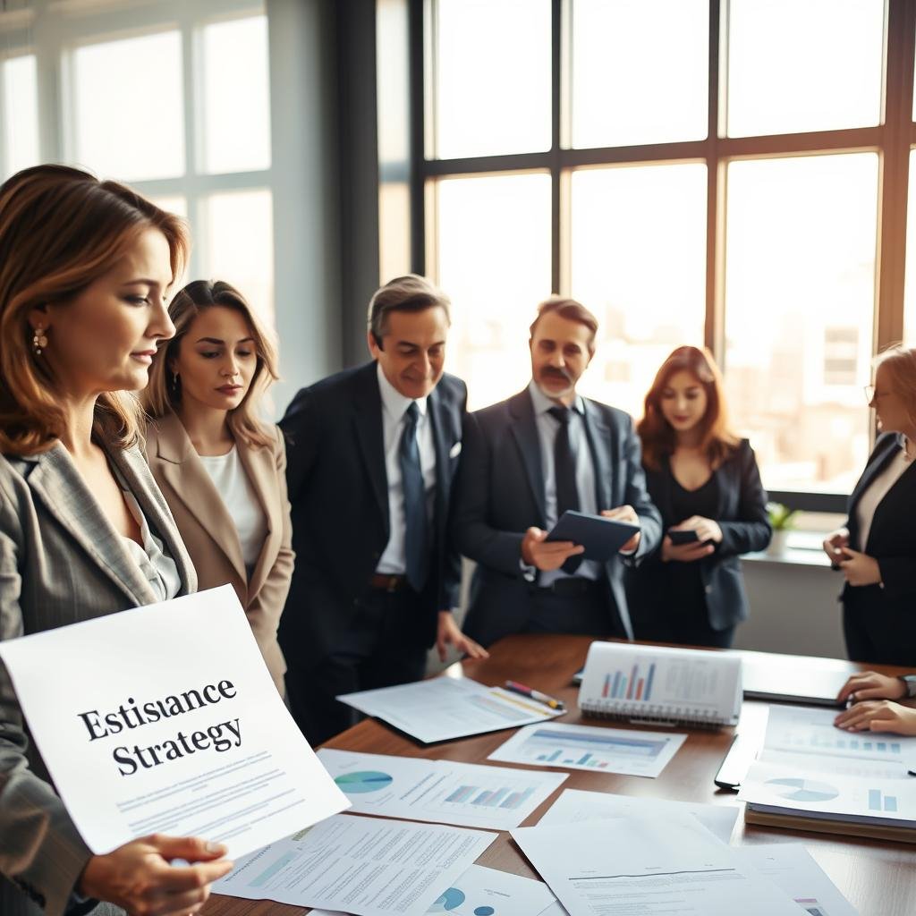 A professional office scene showcasing a diverse group of individuals engaged in a serious discussion about estate planning. In the foreground, a middle-aged woman in business attire points at a document titled "Life Insurance Strategy," while a middle-aged man, also in professional clothing, leans forward, attentively listening. The middle layer features a conference table scattered with charts, graphs, and estate planning tools like wills and power of attorney documents. In the background, a large window floods the room with natural light, revealing a city skyline. The atmosphere is focused and analytical, with soft, warm lighting creating an inviting yet serious mood. Capture the scene from a slightly elevated angle, emphasizing collaboration and strategic thinking.