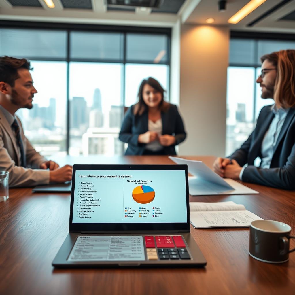 A professional office setting depicting a diverse group of three business professionals (two men and one woman) dressed in smart business attire, engaged in a discussion around a large, modern conference table. In the foreground, a laptop displays a pie chart illustrating term life insurance renewal options. The middle ground features printed documents detailing various renewal plans, alongside a calculator and a coffee cup. The background shows a large window with natural light pouring in, highlighting a city skyline. The mood is focused and collaborative, emphasizing the importance of understanding renewal options in the context of term life insurance. Soft, warm lighting creates an inviting atmosphere, captured from a slightly elevated angle for depth and perspective.