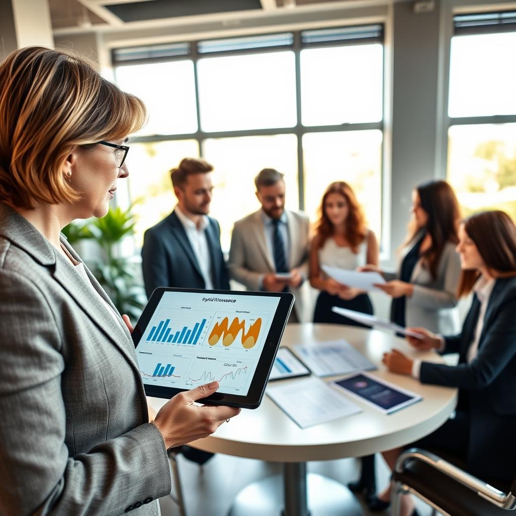 A professional office setting featuring a diverse group of individuals engaged in a discussion about hybrid life insurance case studies. In the foreground, a middle-aged woman in business attire is presenting charts and graphs on a digital tablet, illustrating real-life examples of living benefits. The middle ground showcases a round table where three professional men and women, dressed in smart casual clothing, are actively analyzing documents and conversing. In the background, large windows let in warm natural light, casting a welcoming glow over the scene. The atmosphere is collaborative and focused, emphasizing trust and professionalism. The composition is shot at eye level, giving a clear and engaging perspective on the discussion.