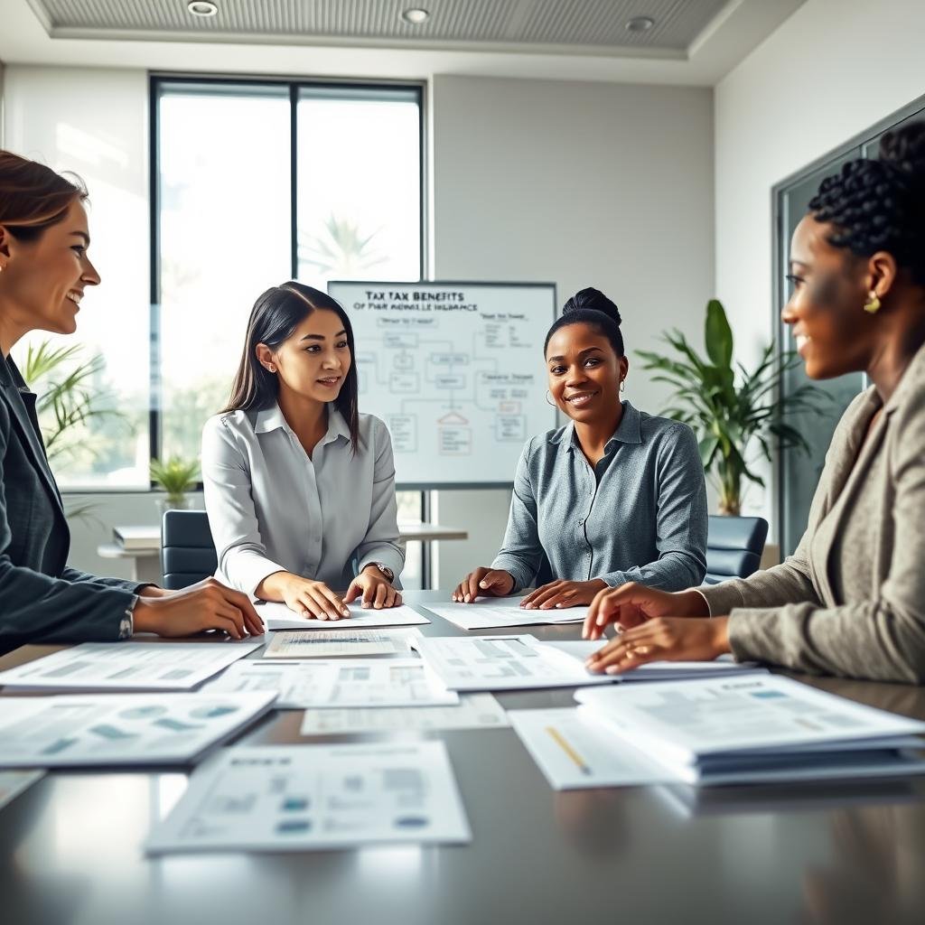 A professional office setting illustrating the tax advantages of permanent life insurance. In the foreground, a diverse group of three business professionals, a Caucasian woman and an Asian man in professional attire, and a Black woman in modest casual clothing, engaged in a discussion with financial documents and charts spread out on a large conference table. In the middle ground, a large window allowing natural light to flood the room, illuminating a whiteboard with flowcharts showing tax benefits. The background features sleek office furniture and greenery for a calming effect. Soft lighting enhances the atmosphere of collaboration and positivity, with a slight focus on the documents to emphasize the financial theme. The camera angle is slightly elevated for a dynamic view, creating an inviting professional ambiance.