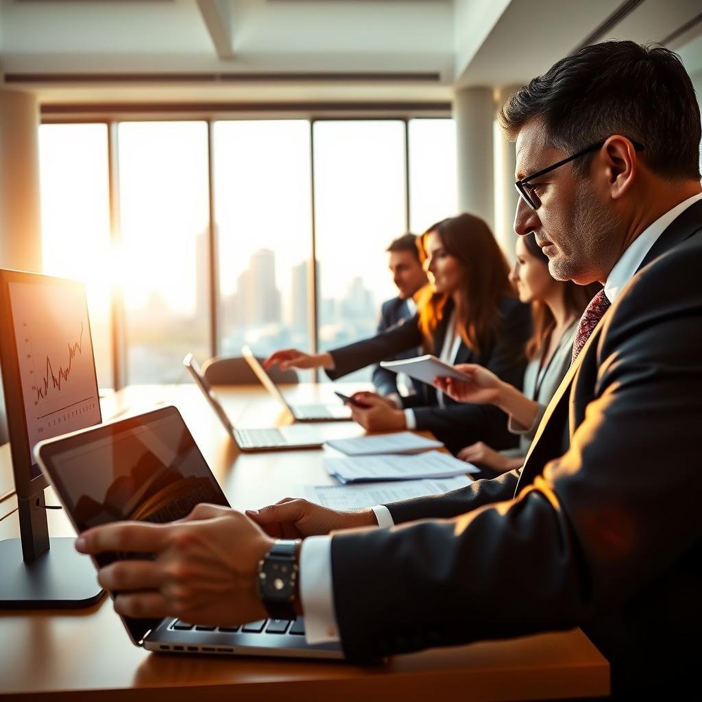 A professional office setting showcasing a diverse group of individuals reviewing group term life insurance rates on laptops and tablets. In the foreground, a middle-aged man in a sharp suit closely examines a screen with a chart displaying trends in insurance rates, while a young woman in business attire gestures towards a financial graph. The middle ground features an inviting conference table with open laptops and papers, indicating teamwork and collaboration. In the background, large windows let in natural light, creating a bright atmosphere, and a modern city skyline is visible outside. The lighting is warm yet professional, enhancing a mood of optimism and forward-thinking in the insurance industry, emphasizing a focus on upcoming trends.
