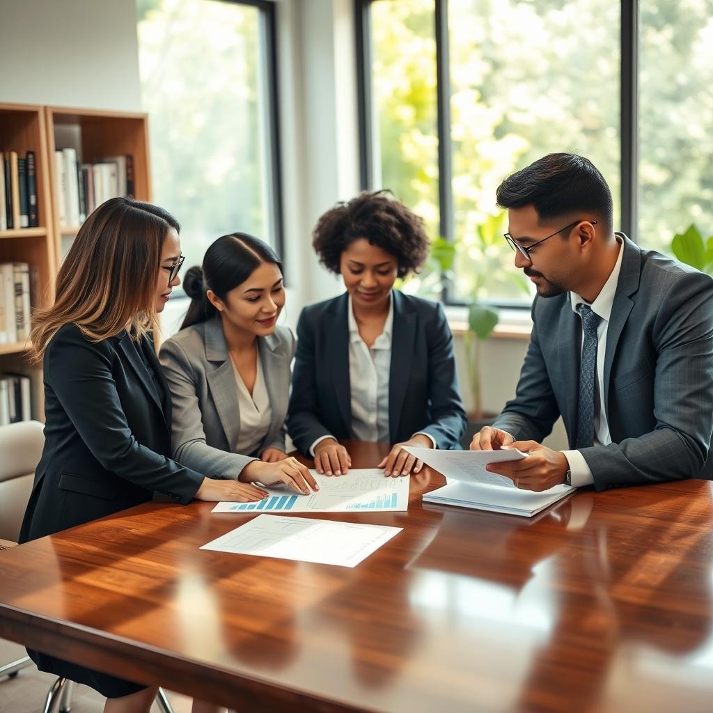 A professional office setting showcasing the benefits of renewable term life insurance. In the foreground, a diverse group of three business people: two women (one Asian, one Black) and one man (Hispanic), engaged in a discussion around a table with documents and charts illustrating policy features. The middle features a large window with natural light streaming in, casting soft shadows across the polished wooden table. The background includes shelves filled with books on finance and insurance, enhancing the atmosphere of professionalism and trust. The color palette is bright and inviting, symbolizing security and positivity. The scene conveys an atmosphere of collaboration and clarity, emphasizing the understanding of renewable term policies. Soft focus on outside greenery creates a sense of calm and approachability. A professional office setting showcasing the benefits of renewable term life insurance. In the foreground, a diverse group of three business people: two women (one Asian, one Black) and one man (Hispanic), engaged in a discussion around a table with documents and charts illustrating policy features. The middle features a large window with natural light streaming in, casting soft shadows across the polished wooden table. The background includes shelves filled with books on finance and insurance, enhancing the atmosphere of professionalism and trust. The color palette is bright and inviting, symbolizing security and positivity. The scene conveys an atmosphere of collaboration and clarity, emphasizing the understanding of renewable term policies. Soft focus on outside greenery creates a sense of calm and approachability.