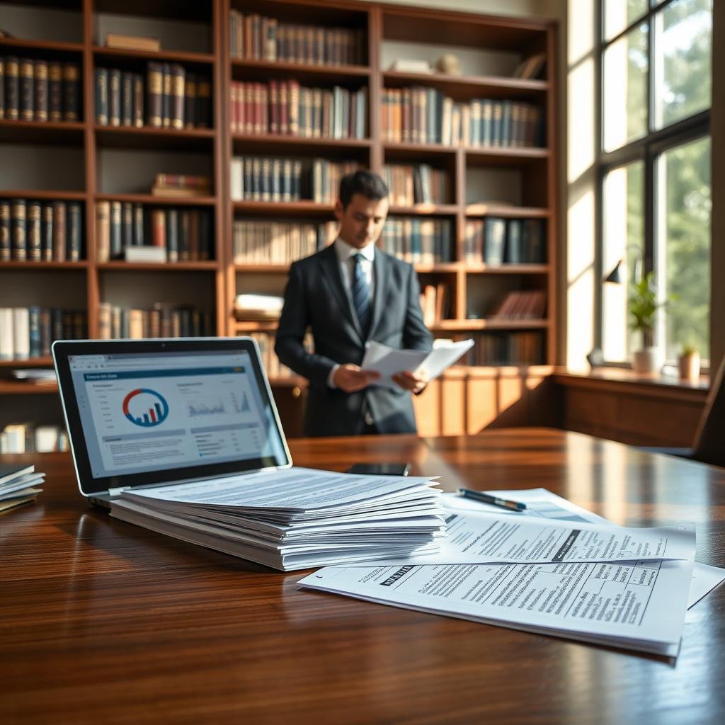 A professional office setting with a polished wooden desk in the foreground, showcasing a thoughtfully arranged stack of insurance documents and financial reports. On the desk, a laptop displays charts and graphs related to tax implications. In the middle ground, a business professional in smart attire, engaged in reviewing the documents, conveys focus and determination. The background features shelves filled with books on finance and insurance, enhancing the scholarly atmosphere. Soft, natural lighting streams in through large windows, casting gentle shadows and creating an inviting ambiance. The overall mood is serious yet optimistic, reflecting the importance of financial planning for family protection through supplemental life insurance. The composition balances clarity and depth to illustrate the concept effectively.