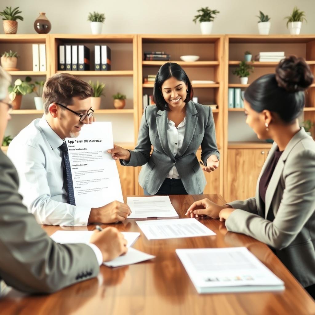 A professional scene depicting the application process for level term life insurance, set in a bright, welcoming office environment. In the foreground, a diverse group of individuals, including a middle-aged Caucasian man and a young South Asian woman, are seated at a polished wooden table, reviewing documents and filling out forms. They are dressed in professional business attire, with the man in a suit and tie and the woman in a smart blouse. In the middle ground, a friendly insurance agent, a Black woman in a fitted blazer, is explaining the application steps, gesturing toward a large document that outlines key points. The background features shelves filled with financial books and plants, with soft, natural lighting creating a warm and inviting atmosphere, suggesting trust and professionalism. The image is taken from a slight angle, emphasizing collaboration and engagement. A professional scene depicting the application process for level term life insurance, set in a bright, welcoming office environment. In the foreground, a diverse group of individuals, including a middle-aged Caucasian man and a young South Asian woman, are seated at a polished wooden table, reviewing documents and filling out forms. They are dressed in professional business attire, with the man in a suit and tie and the woman in a smart blouse. In the middle ground, a friendly insurance agent, a Black woman in a fitted blazer, is explaining the application steps, gesturing toward a large document that outlines key points. The background features shelves filled with financial books and plants, with soft, natural lighting creating a warm and inviting atmosphere, suggesting trust and professionalism. The image is taken from a slight angle, emphasizing collaboration and engagement.