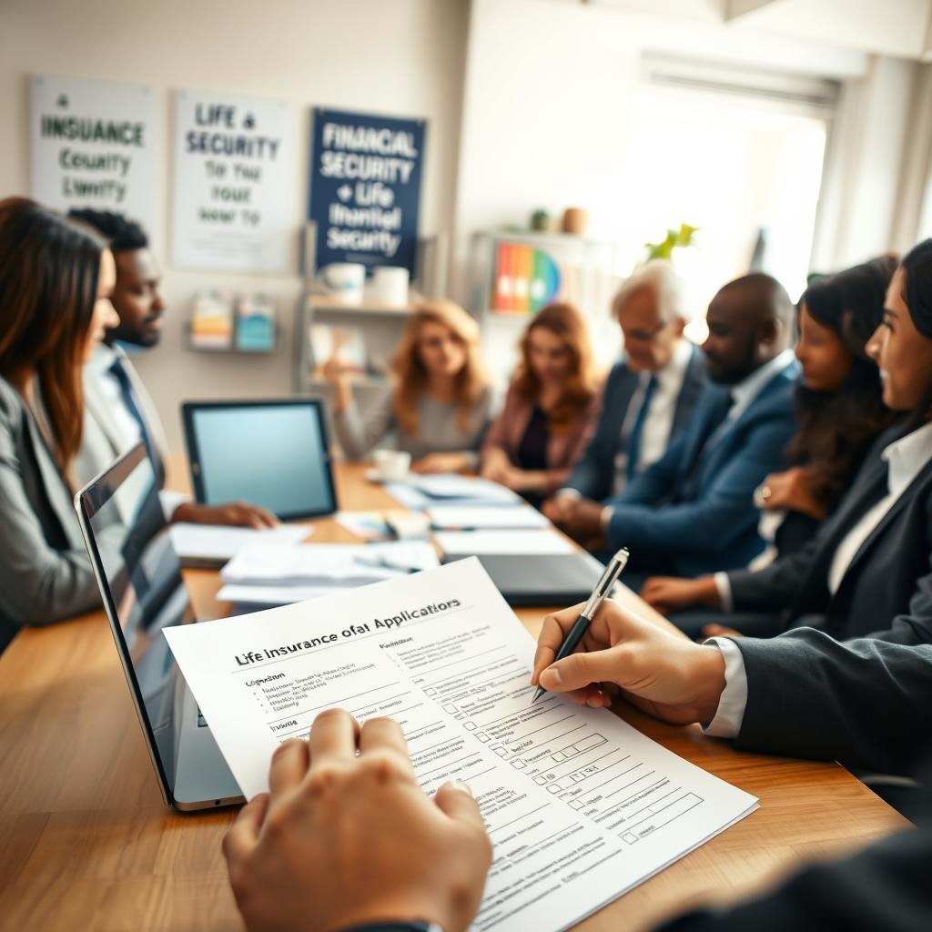 A professional scene depicting the life insurance application process in an office setting. In the foreground, a diverse group of individuals, dressed in business attire, are engaged in a discussion around a table filled with documents and a laptop displaying application forms. The middle layer features a close-up of hands filling out a life insurance application, emphasizing detailed forms with checkboxes and signature lines. The background includes a well-organized office space with motivational posters about financial security and shelves stocked with insurance brochures. Soft, natural lighting filters through a window, creating a warm and inviting atmosphere, while a shallow depth of field focuses on the participants, conveying a sense of collaboration and professionalism.