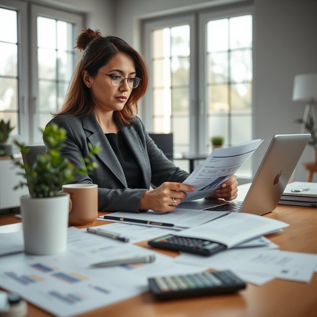 A professional self-employed individual sitting at a modern desk, reviewing life insurance documents on a laptop. Foreground features a focused woman in a smart business outfit, surrounded by paperwork, a coffee mug, and a potted plant, conveying a sense of organization and diligence. The middle ground shows the desk cluttered slightly with financial reports and a calculator, hinting at the complexity of managing finances as a self-employed person. In the background, a minimalist home office with large windows allowing soft, natural light to illuminate the space, creating a warm and inviting atmosphere. The mood is serious yet hopeful, reflecting the importance of securing one's future through life insurance. Use a slight depth of field effect to keep the focus on the individual.