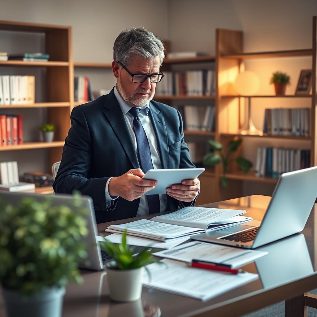 A professional, serene office setting focusing on the management of a no exam term life insurance policy. In the foreground, a well-dressed individual, a middle-aged man or woman in smart business attire, studies a digital tablet, analyzing policy details with a thoughtful expression. The middle ground features a modern desk adorned with a sleek laptop, insurance documents, and a potted plant adding a touch of nature. In the background, soft-focus bookshelves lined with financial guides and insurance documents create an atmosphere of trust and reliability. The lighting is warm and inviting, hinting at a late afternoon sun filtering through a nearby window. The overall mood is calm and focused, reflecting the importance of managing life insurance for loved ones.