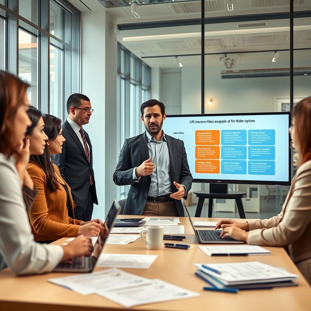 A professional setting depicting the life insurance riders application process. In the foreground, a diverse group of individuals in business attire engages in a discussion around a table filled with application forms, pens, and a laptop showing insurance data. In the middle, a professional insurance advisor, confidently explaining details with visual aids, stands next to a digital screen, showcasing various rider options. The background features a modern office environment with large windows allowing natural light to illuminate the scene, creating an inviting and focused atmosphere. Soft lighting enhances the professionalism of the setting. The overall mood is serious yet approachable, reflecting trust and clarity in the application process for life insurance riders. A professional setting depicting the life insurance riders application process. In the foreground, a diverse group of individuals in business attire engages in a discussion around a table filled with application forms, pens, and a laptop showing insurance data. In the middle, a professional insurance advisor, confidently explaining details with visual aids, stands next to a digital screen, showcasing various rider options. The background features a modern office environment with large windows allowing natural light to illuminate the scene, creating an inviting and focused atmosphere. Soft lighting enhances the professionalism of the setting. The overall mood is serious yet approachable, reflecting trust and clarity in the application process for life insurance riders.