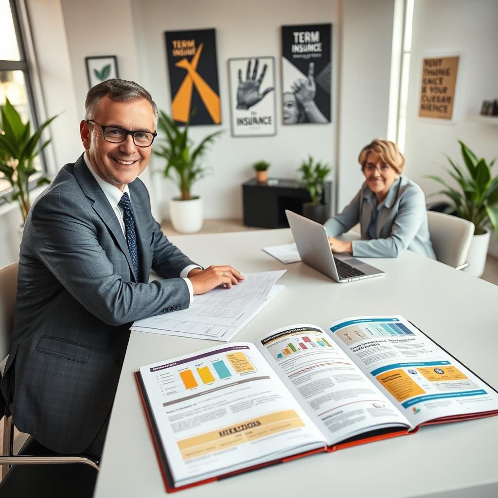A professional setting illustrating the term life insurance application process. In the foreground, a friendly insurance agent, dressed in a smart business suit, is assisting a middle-aged couple seated at a modern conference table, surrounded by neatly organized application forms and a laptop displaying charts of insurance options. The middle ground features an open binder filled with colorful brochures about various term life insurance policies. The background shows a well-lit office with large windows letting in natural light, plants in the corners, and motivational posters on the walls. The mood is welcoming and informative, with an emphasis on clarity and trust. Capture this with a soft-focus lens to enhance the warm ambiance.