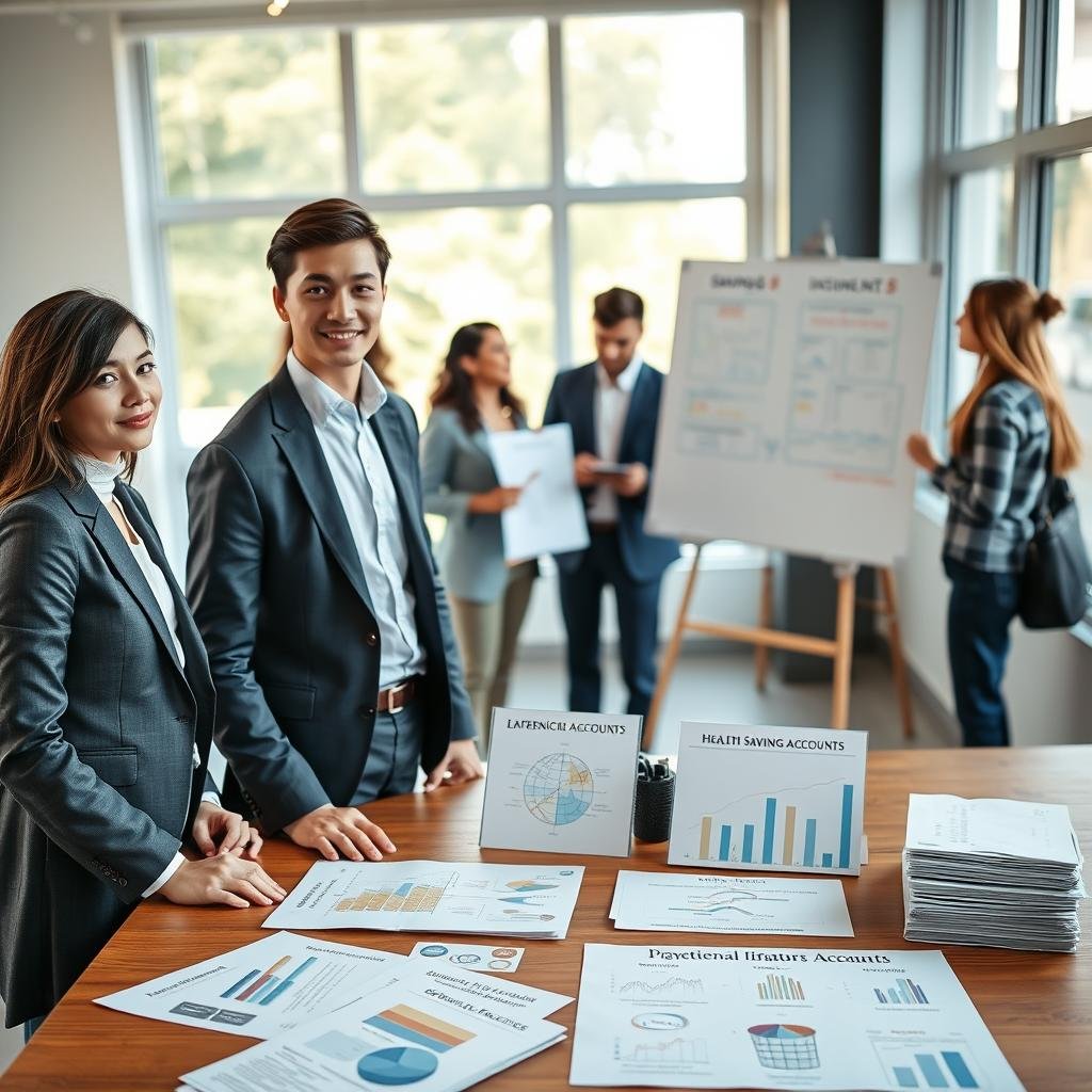 A serene and professional environment depicting alternatives to traditional life insurance. In the foreground, a young adult couple in professional attire, standing confidently at a table filled with documents and illustrations of various financial products like savings accounts, investment portfolios, and health savings accounts. In the middle ground, a diverse group of young professionals engaged in discussion, perhaps a financial advisor explaining options with visuals of different plans on a whiteboard. The background features bright, natural lighting filtering through large windows, creating an inviting atmosphere. The overall mood is optimistic and empowering, emphasizing smart financial choices for young adults.