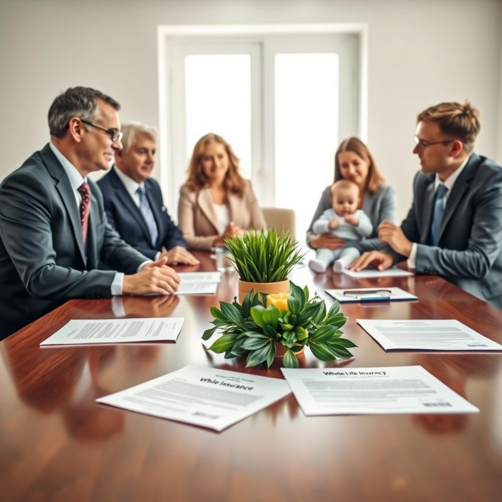 A serene and professional estate planning setting, showcasing a diverse group of individuals—two middle-aged people in business attire, a young couple with a baby, and a financial advisor. In the foreground, they are engaged in a discussion around a polished wooden conference table, with documents and a whole life insurance policy visibly spread out. The middle ground features a lush green plant and a warm, inviting centerpiece, while the background showcases a bright window with soft natural light filtering in, creating an uplifting atmosphere. The scene conveys trust and security, with a slight focus on the documents that highlight whole life insurance's protective role in estate planning. The overall mood is collaborative and forward-thinking, emphasizing family and financial stability.