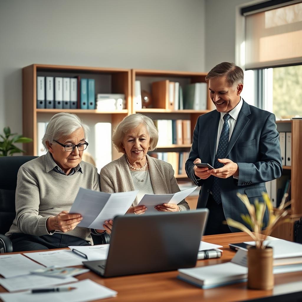 A serene and professional office setting focused on elderly individuals exploring term life insurance options. In the foreground, a senior couple, dressed in modest business attire, attentively reviewing documents at a desk cluttered with insurance brochures and a laptop. In the middle ground, a friendly insurance agent, also dressed in business attire, provides guidance and answers their questions, conveying trust and expertise. The background features a well-organized bookshelf with finance-related books and a window letting in soft, natural light, creating a warm and inviting atmosphere. The overall mood is optimistic and reassuring, highlighting the importance of protecting loved ones through informed financial decisions. The composition is shot with a shallow depth of field to emphasize the interactions. A serene and professional office setting focused on elderly individuals exploring term life insurance options. In the foreground, a senior couple, dressed in modest business attire, attentively reviewing documents at a desk cluttered with insurance brochures and a laptop. In the middle ground, a friendly insurance agent, also dressed in business attire, provides guidance and answers their questions, conveying trust and expertise. The background features a well-organized bookshelf with finance-related books and a window letting in soft, natural light, creating a warm and inviting atmosphere. The overall mood is optimistic and reassuring, highlighting the importance of protecting loved ones through informed financial decisions. The composition is shot with a shallow depth of field to emphasize the interactions.