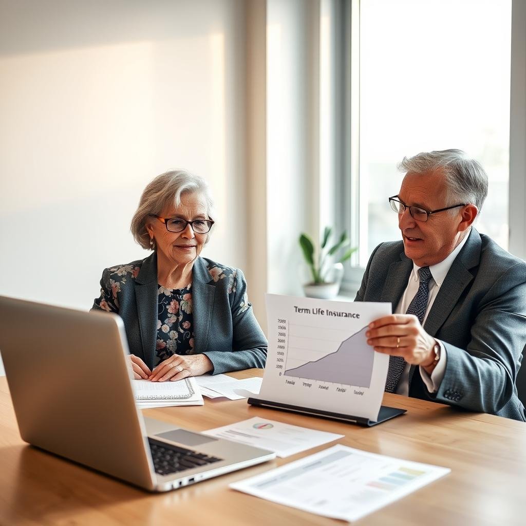 A serene and professional office setting showcasing an elderly couple sitting at a table with a financial advisor. The couple, a woman in a modest floral blouse and a man wearing a smart blazer, are reviewing documents about term life insurance. In the foreground, there are papers and an open laptop displaying a friendly interface. The advisor, dressed in formal business attire, gestures towards a graph related to life insurance options. The background features a large window with soft natural light streaming in, creating a warm ambiance. The overall mood is one of trust and reassurance, emphasizing careful planning and protection for loved ones. The composition is captured from a slightly elevated angle, highlighting the interaction among the three individuals in a welcoming atmosphere. A serene and professional office setting showcasing an elderly couple sitting at a table with a financial advisor. The couple, a woman in a modest floral blouse and a man wearing a smart blazer, are reviewing documents about term life insurance. In the foreground, there are papers and an open laptop displaying a friendly interface. The advisor, dressed in formal business attire, gestures towards a graph related to life insurance options. The background features a large window with soft natural light streaming in, creating a warm ambiance. The overall mood is one of trust and reassurance, emphasizing careful planning and protection for loved ones. The composition is captured from a slightly elevated angle, highlighting the interaction among the three individuals in a welcoming atmosphere.