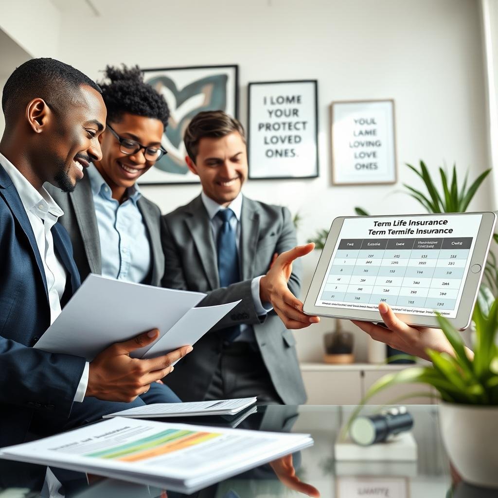 A serene and professional scene showcasing a diverse group of individuals in business attire, happily discussing term life insurance options in a bright, modern office. In the foreground, a diverse couple, a man and a woman, are reviewing documents and looking thoughtfully at a laptop screen depicting insurance policy comparisons. The middle ground features a friendly insurance agent, in formal attire, pointing to a chart on a digital tablet with clear visuals showcasing “No Exam Term Life Insurance.” The background illustrates a well-lit office with motivational artwork and plants, conveying a sense of security and trust. Soft natural lighting enhances the positive atmosphere, while a low-angle perspective adds depth and emphasizes the importance of their discussion about protecting loved ones.