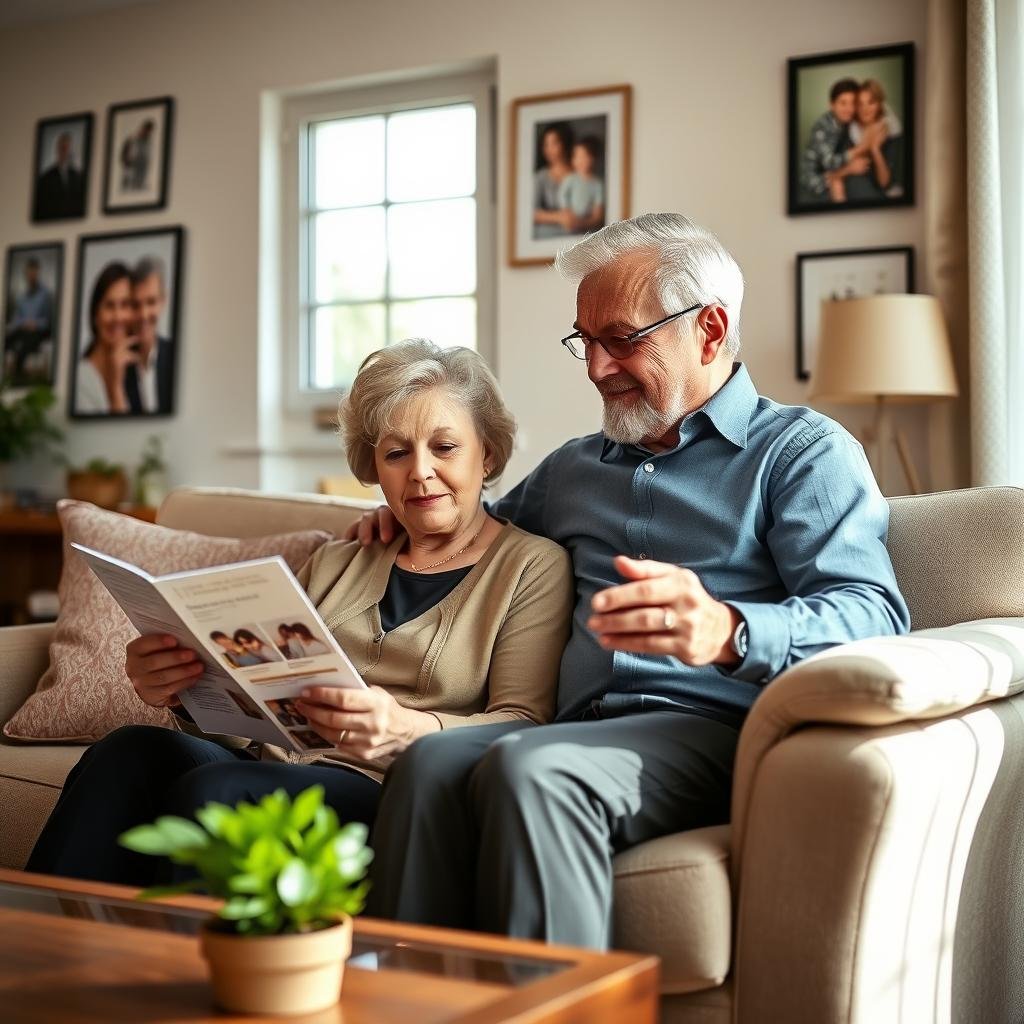 A serene living room setting with a warm, inviting atmosphere, featuring an older couple sitting together on a comfortable sofa. The woman, wearing modest yet professional attire, is reviewing a life insurance brochure, while the man, also dressed in smart casual clothing, is looking at her with a reassuring smile. In the background, soft natural light filters through a window, illuminating family photos on the walls that evoke a sense of belonging and protection. A small coffee table with a potted plant adds a touch of life to the scene. The angle should be slightly elevated, capturing both subjects and the essence of a family-oriented environment, evoking trust and peace of mind surrounding the concept of simplified issue life insurance for seniors.