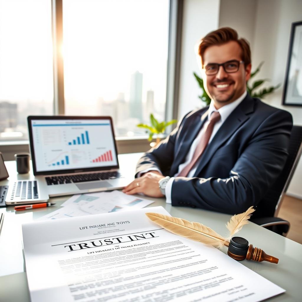 A serene office setting, showcasing a confident self-employed professional in business attire, seated at a modern desk filled with important life insurance documents. In the foreground, an elegantly designed trust document is prominently displayed alongside a quill and ink, symbolizing careful planning. The middle space features a laptop open to a financial planning software, with graphs illustrating life insurance benefits on the screen. In the background, a sunlit window reveals a city skyline, enhancing the mood of optimism and success. Soft, natural lighting bathes the scene, creating a warm atmosphere. The composition should emphasize professionalism and trust, capturing the intricate balance of life insurance and trust planning in a visually compelling manner.