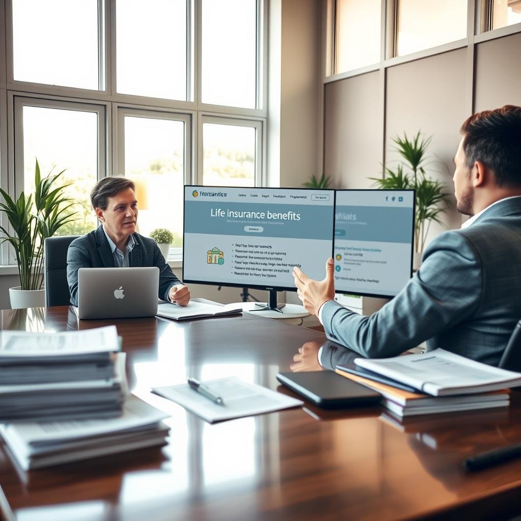 A serene office setting with a professional financial advisor seated at a polished wooden desk, discussing life insurance and estate planning with a young couple. The couple, dressed in smart casual clothing, is engaged in the conversation, displaying thoughtful expressions. In the foreground, there are stacks of documents, a laptop, and a pen. The middle ground features the advisor gesturing towards a digital presentation on a screen showing key points about life insurance benefits. In the background, large windows let in warm, natural light, creating an inviting atmosphere. Soft plants decorate the room, adding a sense of tranquility. The overall mood is informative and reassuring, emphasizing trust and security. A serene office setting with a professional financial advisor seated at a polished wooden desk, discussing life insurance and estate planning with a young couple. The couple, dressed in smart casual clothing, is engaged in the conversation, displaying thoughtful expressions. In the foreground, there are stacks of documents, a laptop, and a pen. The middle ground features the advisor gesturing towards a digital presentation on a screen showing key points about life insurance benefits. In the background, large windows let in warm, natural light, creating an inviting atmosphere. Soft plants decorate the room, adding a sense of tranquility. The overall mood is informative and reassuring, emphasizing trust and security.